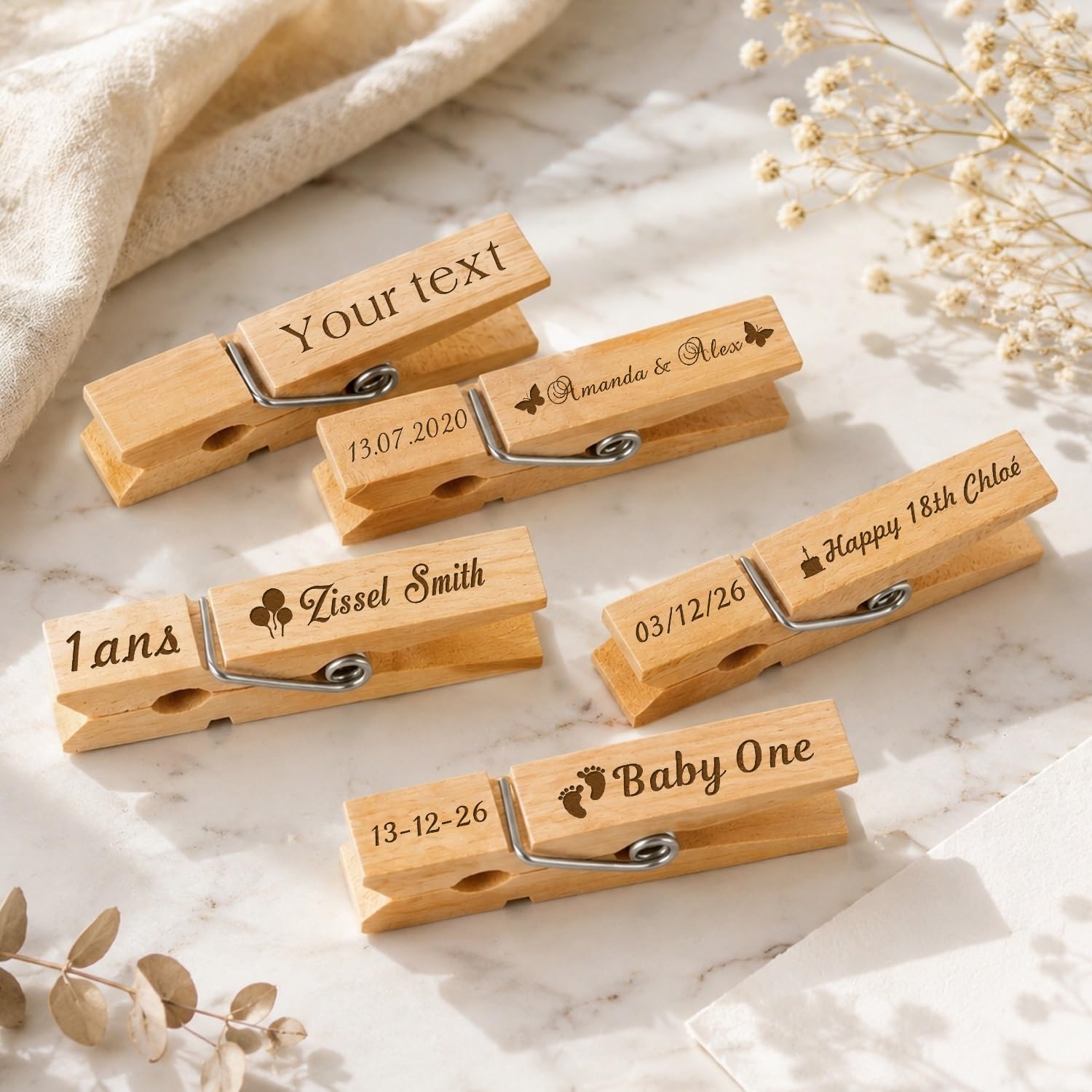 20pcs Custom Engraved Wooden Pegs, Personalized Wood Clothespins For Wedding, Bachelorette Party & Birthday Supplies, Party Decor