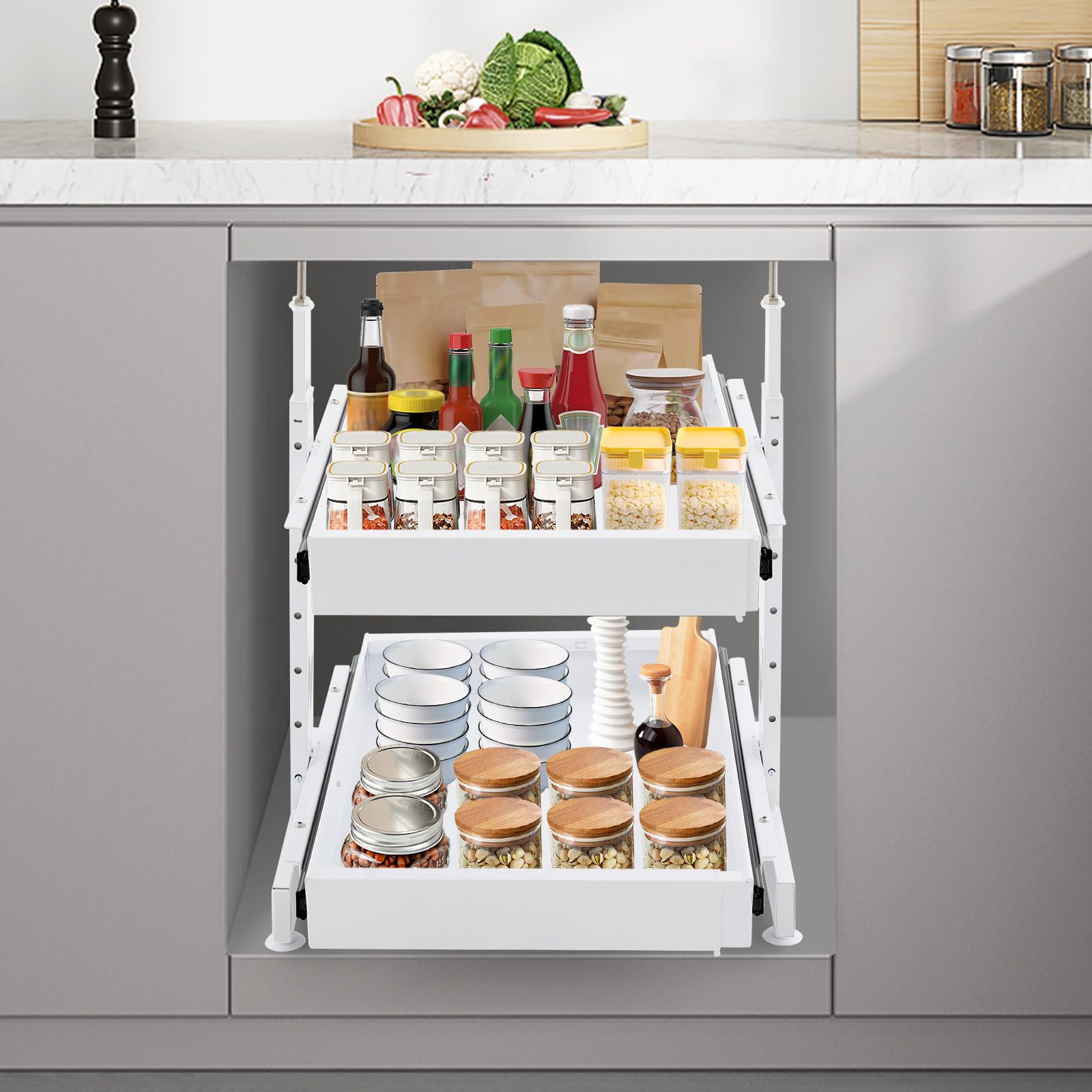 Küchen organizer | Organizer küche | Schubladen | Ausziehbarer Schrankorganizer | 2-stufig | Höhen- & Längenverstellbar | 10 kg Tragkraft pro Ebene | Platzsparend für Küche & Bad
