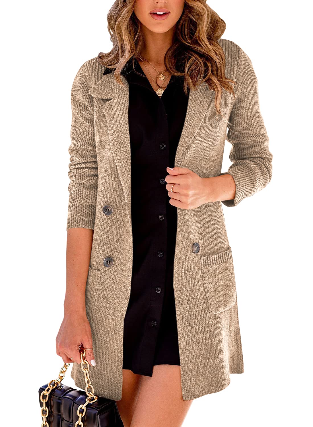 Danedvi Women Open Front Lapel Collar Cardigan Button Down Long Sweaters Cardigan Solid Outerwear Coats