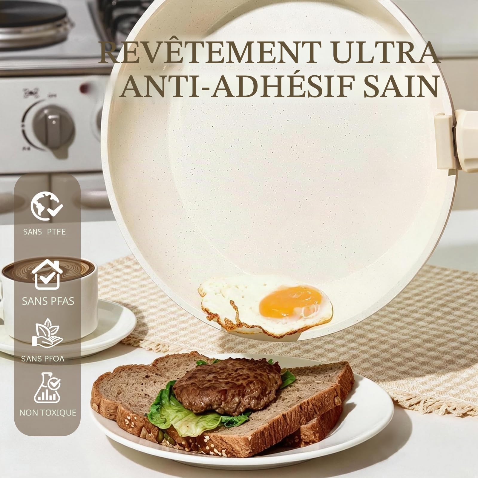 Set de 8 Pièces Casseroles et Poêles Antiadhésifs en Céramique, Sans PFOA — Compatible avec Induction/Gaz, Poignées Amovibles, Conception Empilable et Lavable au Lave-Vaisselle Blanc crème