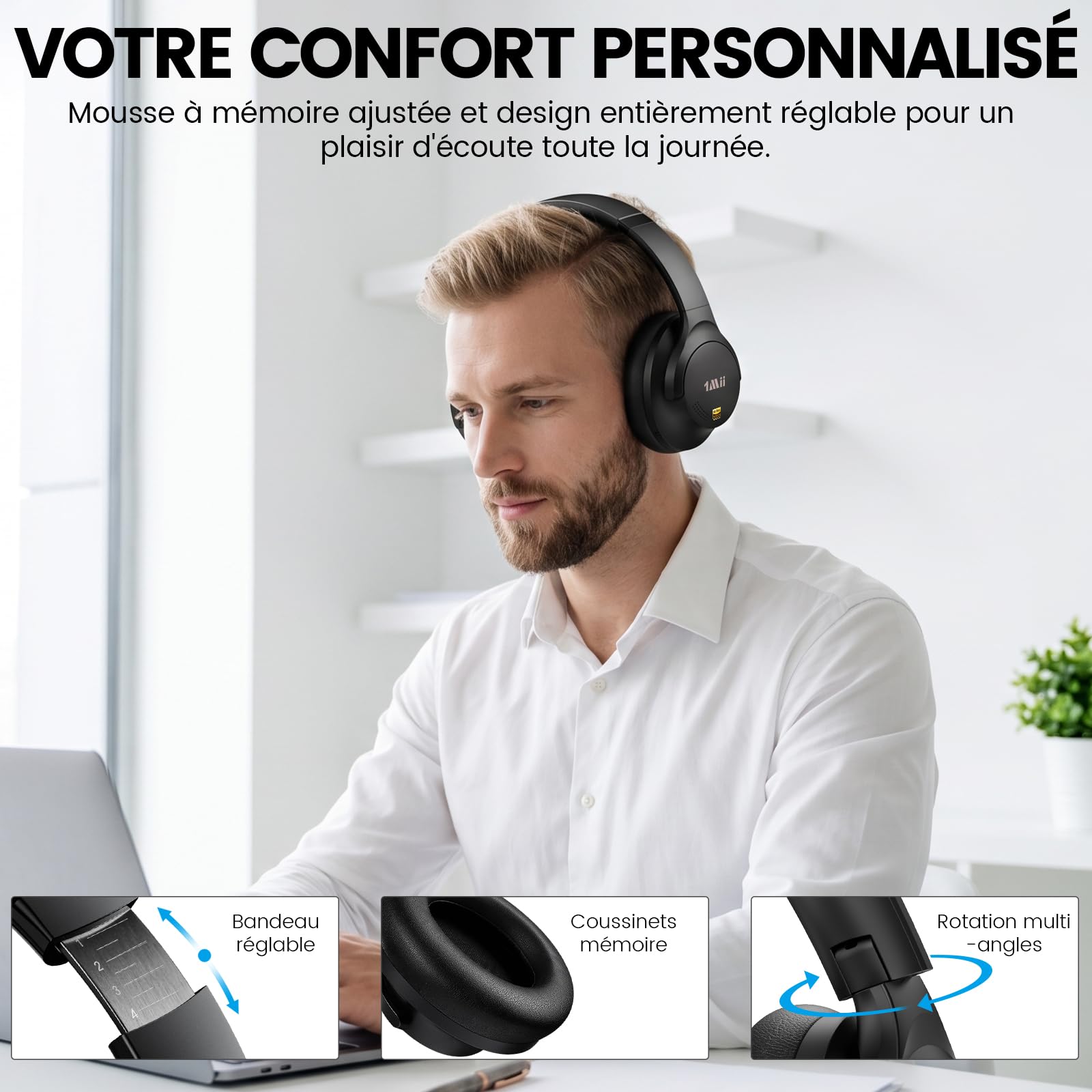 1Mii Y8+ Casque Bluetooth 6.0 sans Fil à Réduction de Bruit Active, Noir | ANC Hybride, 100H d'Autonomie, LDAC Hi-Res Audio, Bass Boost, EQ Personnalisé via App, Over-Ear Confortable