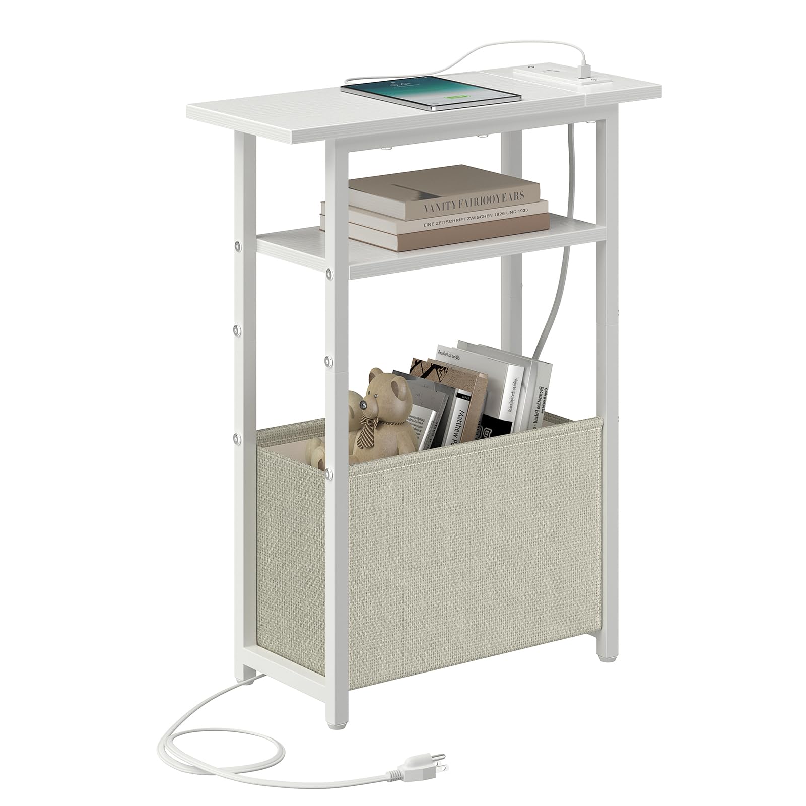 narrow side table with charging station, small end table for small spaces, skinny nightstands with storage basket, 3 tier sofa couch bedside tables for living room,bedroom, white