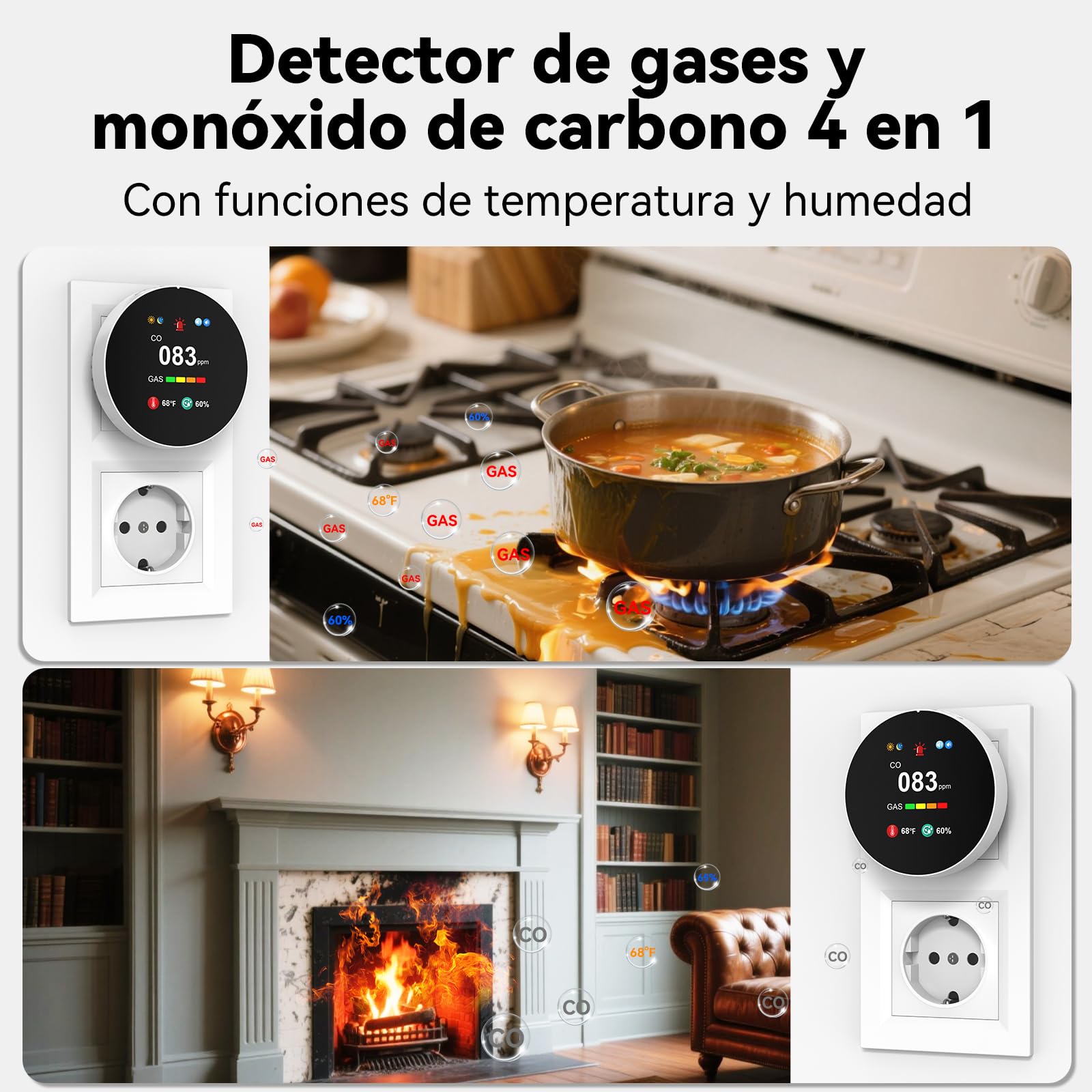 Detector de Monóxido de Carbono y Gas con Enchufe, Combinado Detector de CO 4 en 1 con Sensor de Temperatura y Humedad, Alarma Sonora para Hogar y Caravana, 2 Piezas