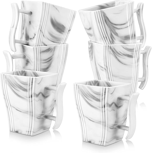 MALACASA, Series Flora, 6-Piece 4.5" Marble Grey Porcelain Mugs 11.5 OZ Square Coffee Mugs Coffee Service Mug Sets