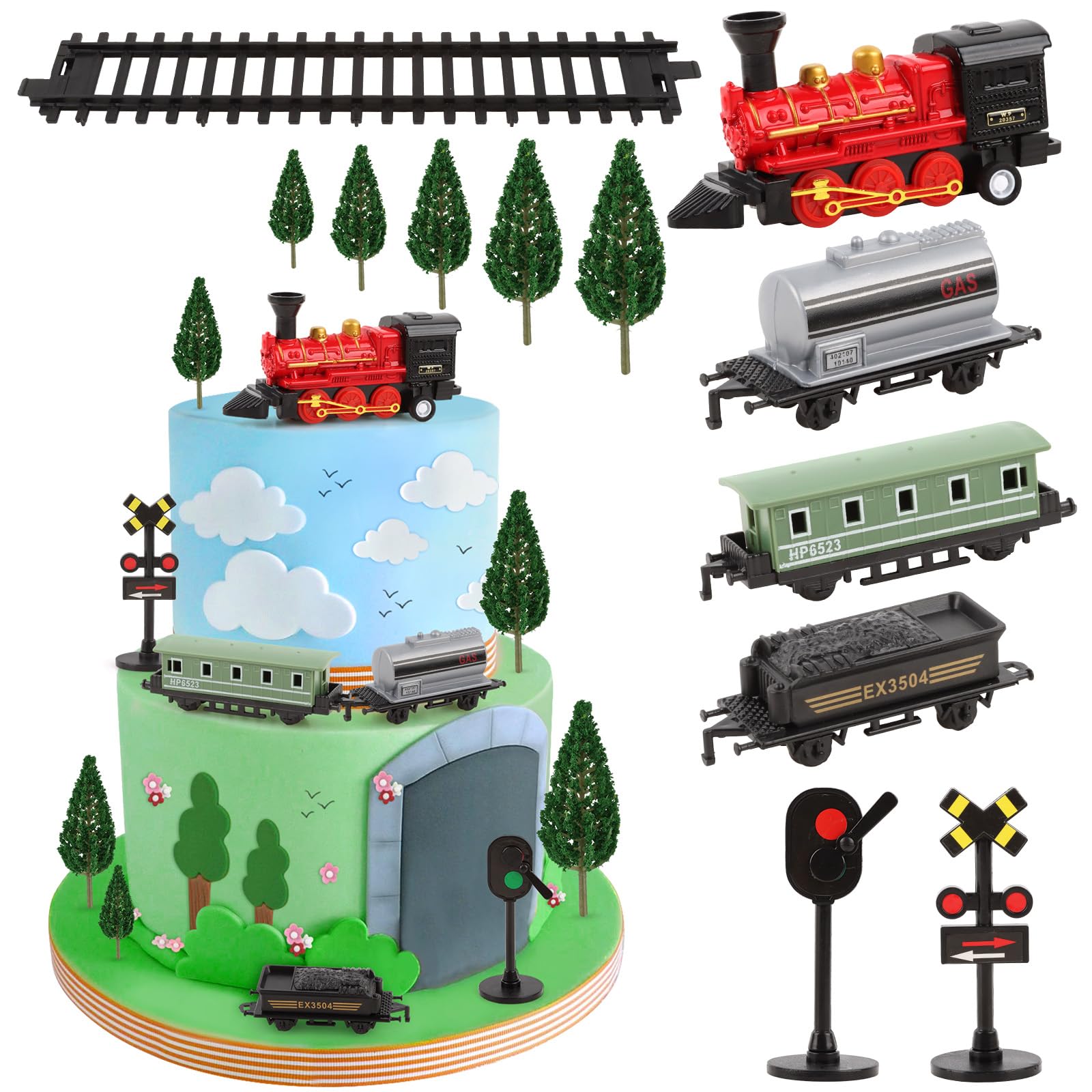 Photo 1 of Hooqict 12Pcs Train Cake Topper Birthday Party Decorations Train Cake Decorations Set with Mini Railroad Track, Traffic Light, Railroad Crossing Sign Cake Toppers for Kids Boys Birthday Party Supplies