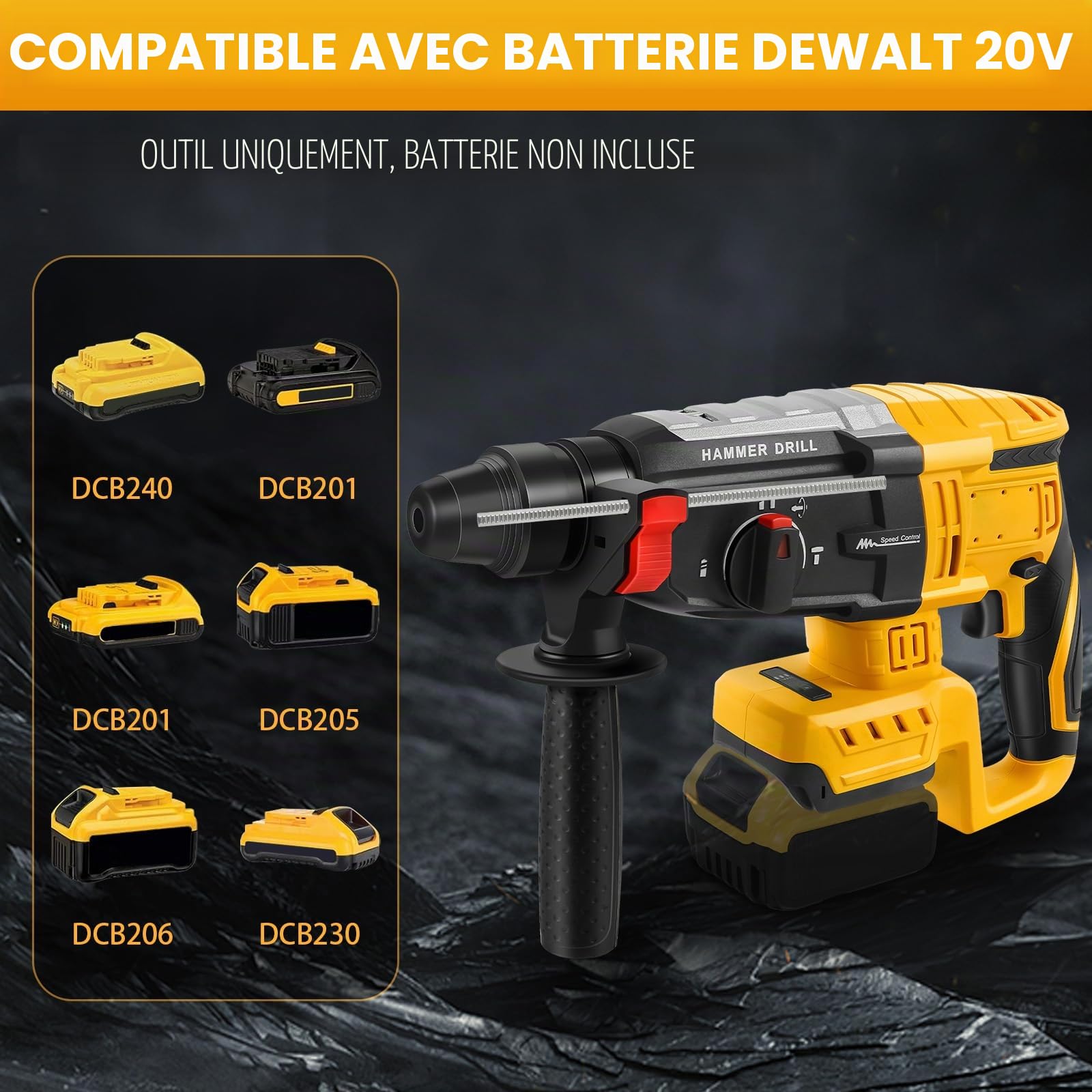 Roadtime 2.6J Hammer de forage 600W pour DeWalt 20Vbatterie (sans batterie) | vitesse du marteau 1100 tr/min,hammer combiné avec broche de forage 3x SDS PLUS,avec 4 fonctions