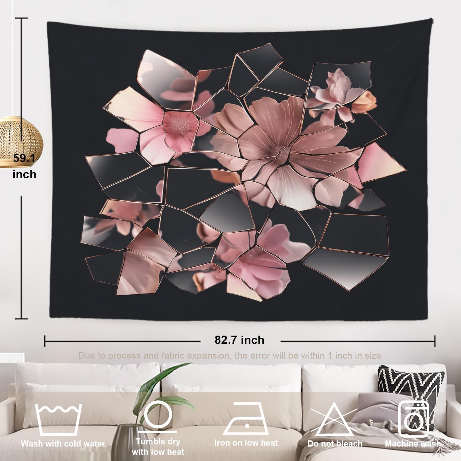 Batmerry Fractured Mirror Abstract Blooms Tapestry, Broken Glass With Pink Flowers Wall Art Hanging Decoration Polyester Fiber White Ruffled Around for Dorm Room Bedroom Living Room, 59.1x82.7 inches