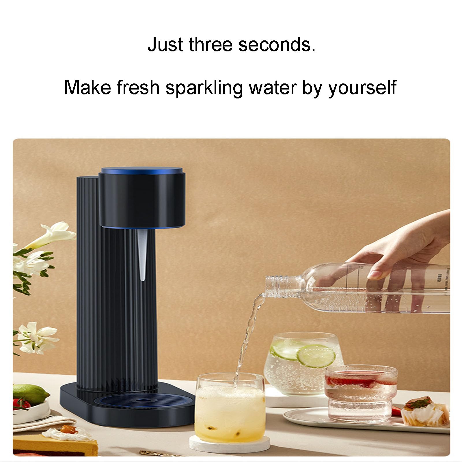 Machine à eau gazeuse – Production rapide en 3 secondes, design portable, force de bulle réglable pour mélanger les boissons