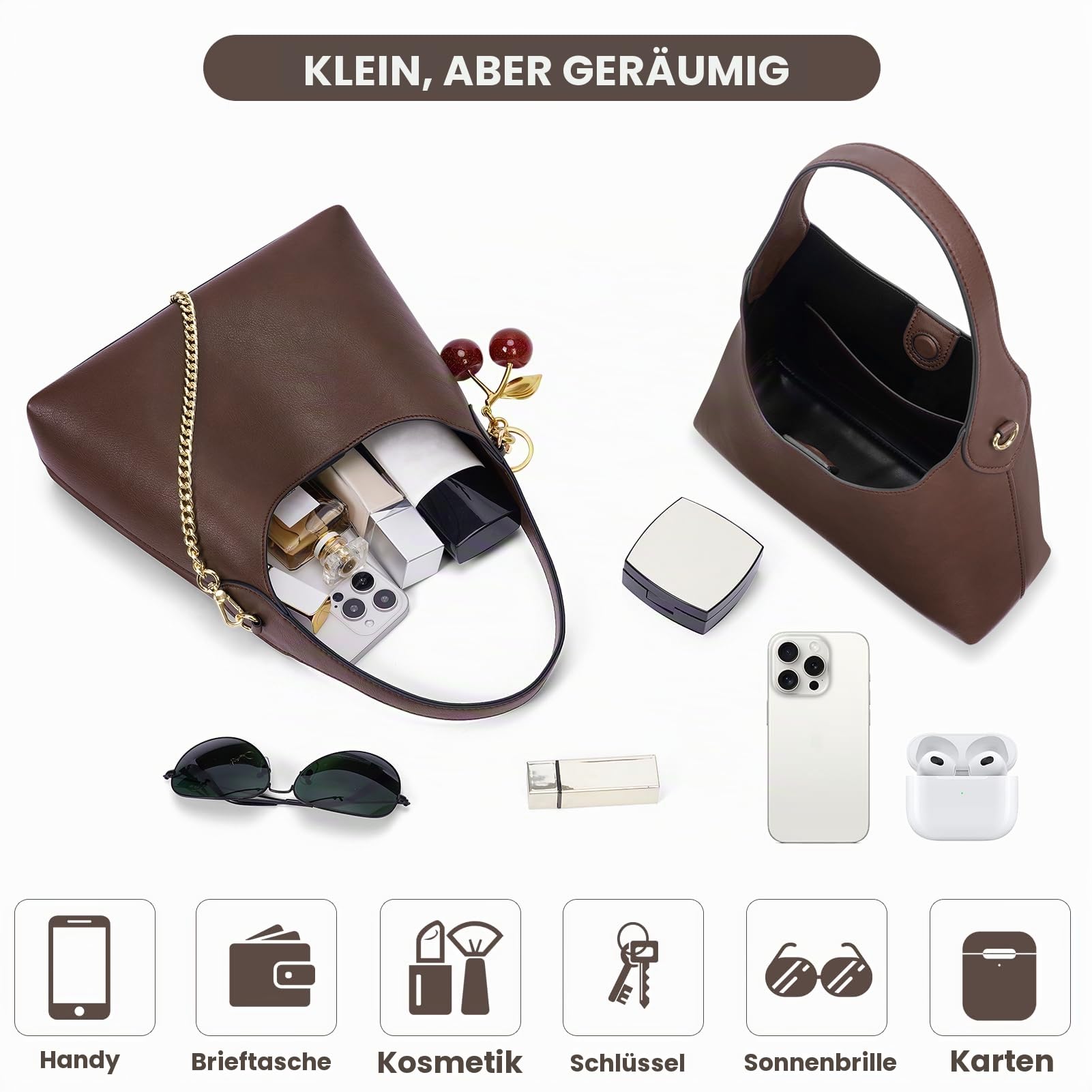 Hobo-Tasche für Damen, klein, Kirschendesign, Schultertasche, Tragetasche aus Kunstleder, modische Handtasche, Umhängetasche mit Kettenriemen