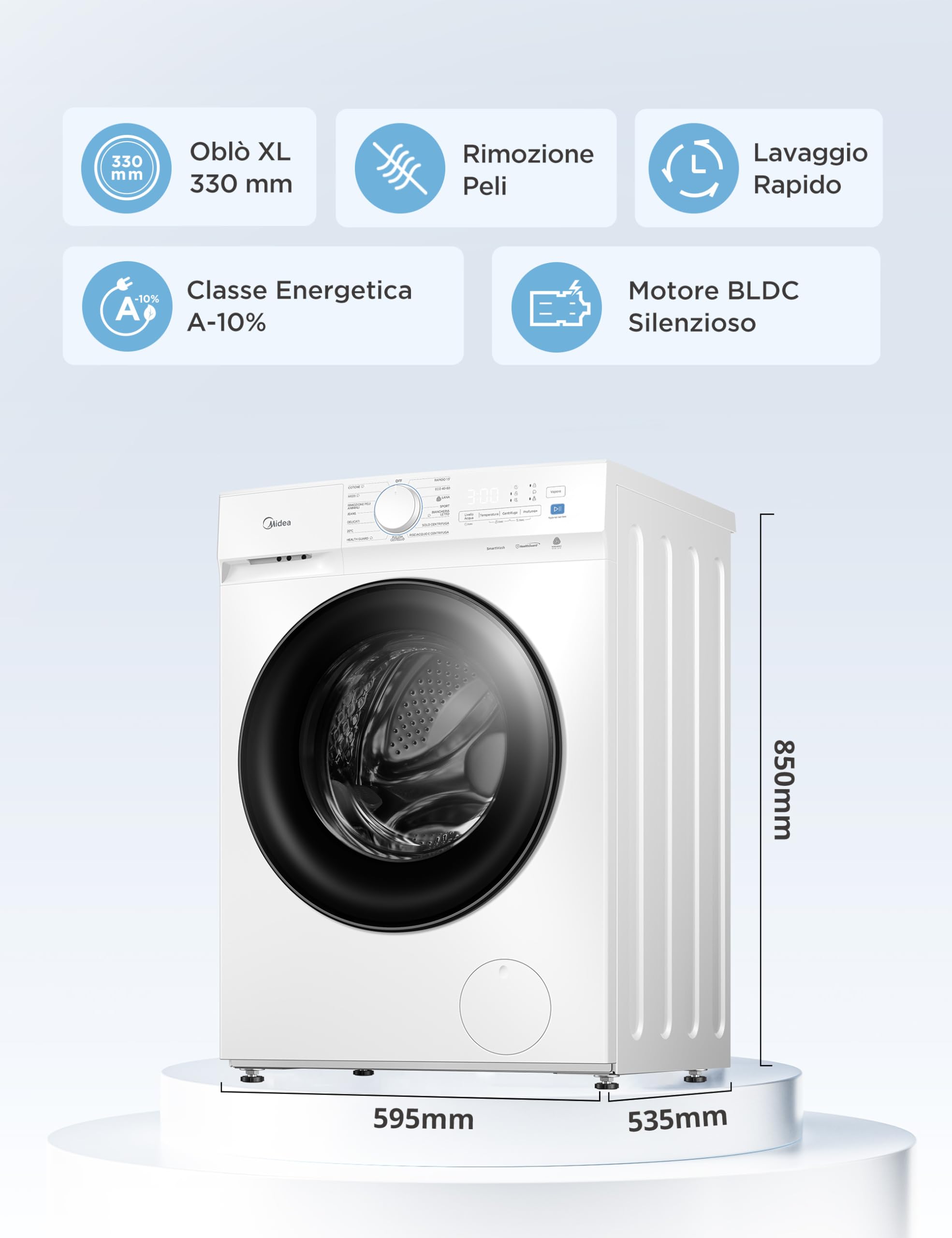 Midea Lavatrice Carica Frontale,10 kg,Classe A-10%, 1400 Giri,Silent Inverter Motor,Rimozione Peli di Animali,Vapore Igienizzante,Programma Sport,Bianco - MFV3EW100BA10