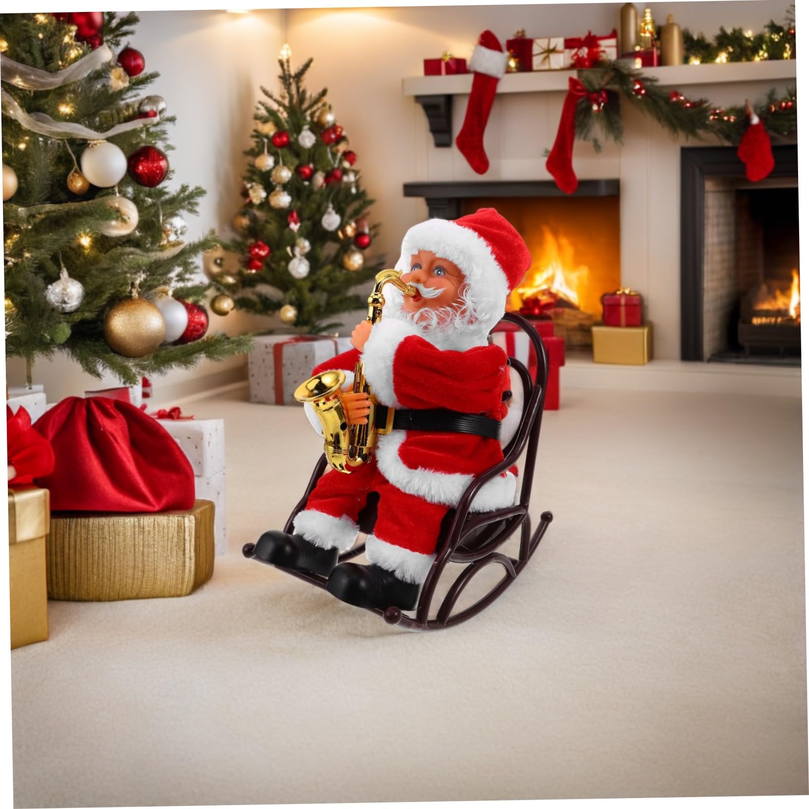 Hemobllo Juguete de Papá Noel Eléctrico con Música y Instrumento Figura Decorativa para Fiestas de Navidad Mediano