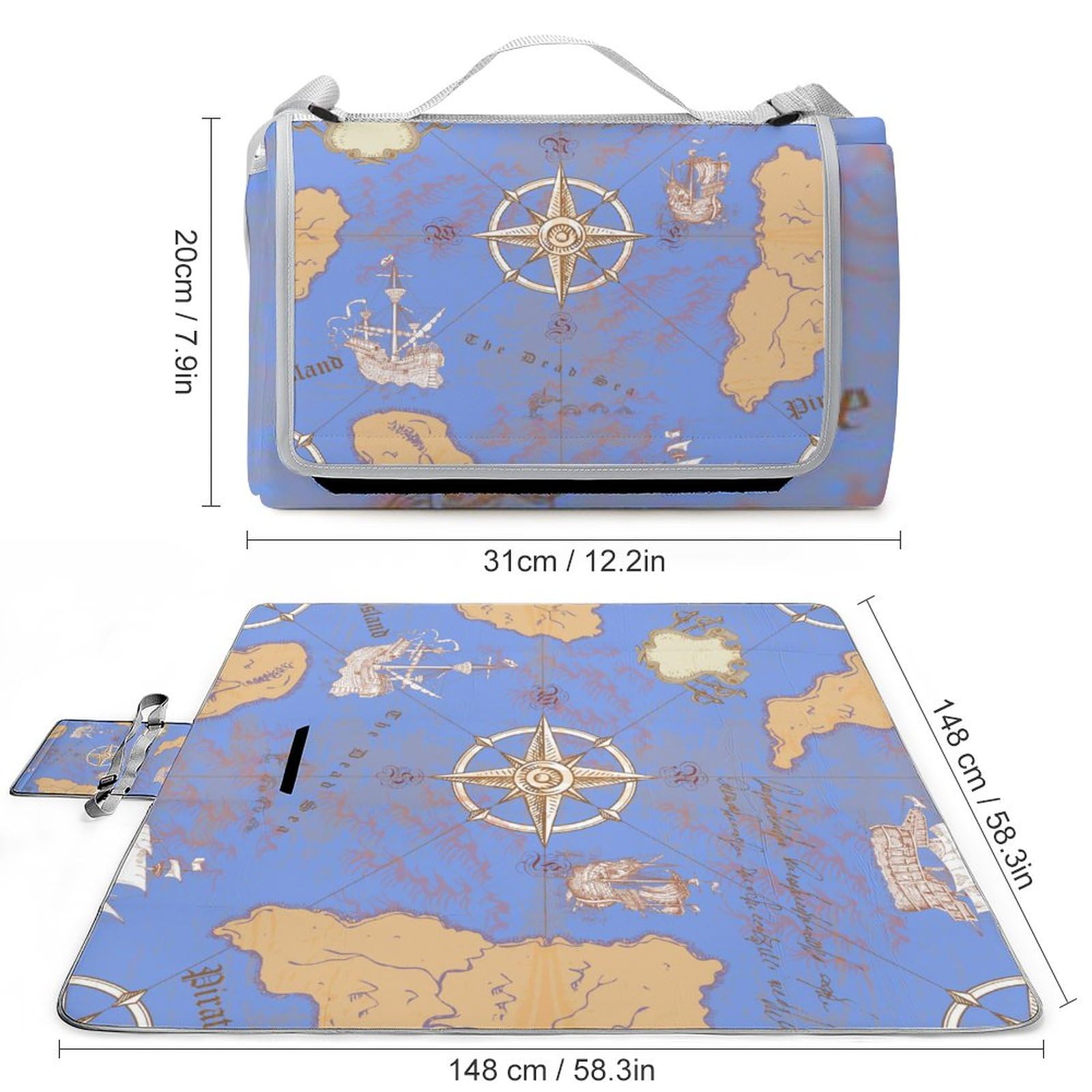 Vintage Nautical Pattern Picnic Blanket Waterproof Foldable, Large Outdoor Picnic Blanket Beach Blankets Camping Blanket Travel Mat, Shoulder Strap Tote, Rectangle 58x58in