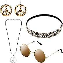 Hicarer Hippie Costume Set Include Sunglasses, Headband, Peace Sign Necklace and Earring (Bohemian Brown Style)