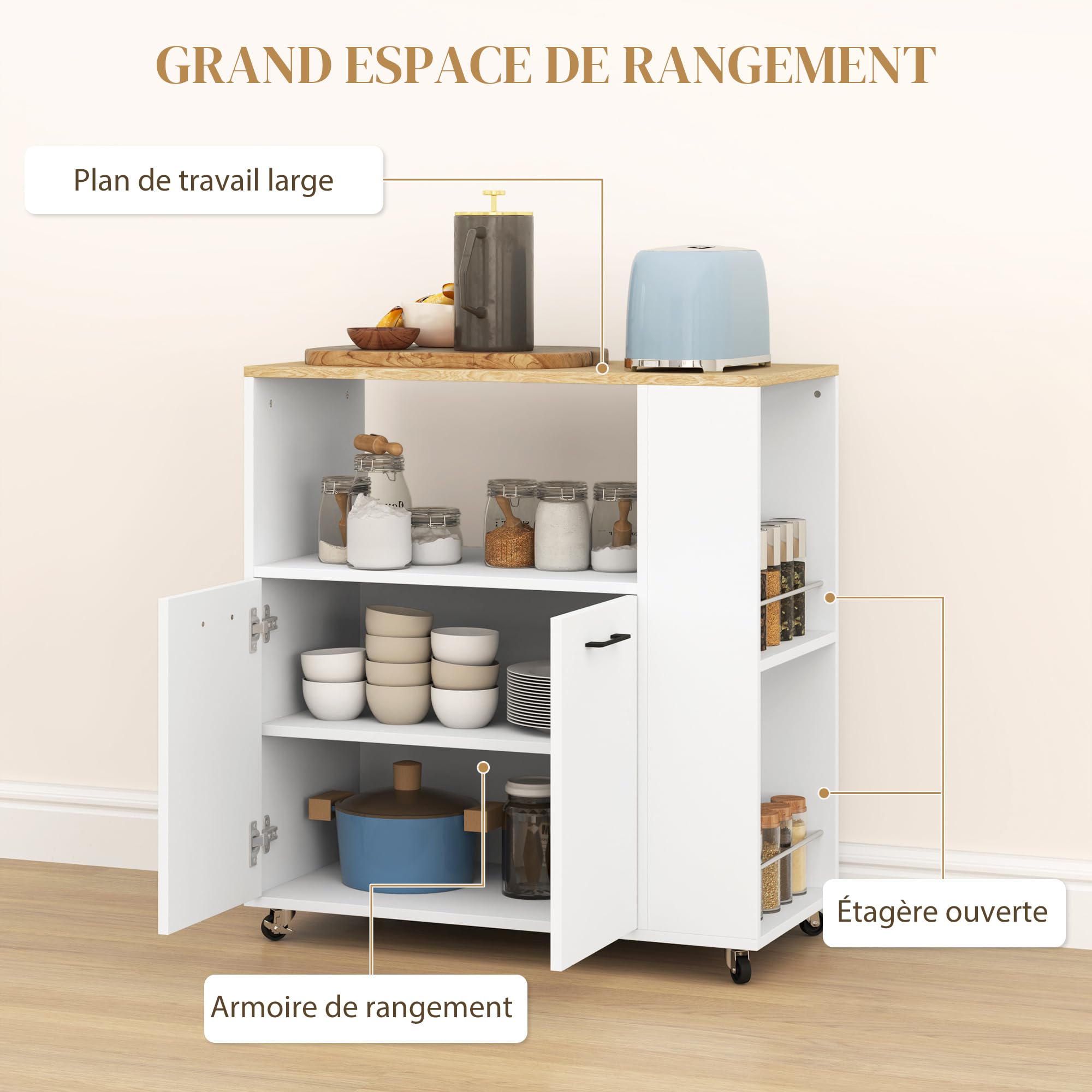 HOMCOM Desserte de Cuisine à roulettes avec Plan de Travail, Îlot Central Cuisine avec 2 Portes, Compartiment Ouvert, étagère réglable et Porte-épices, pour Salle à Manger, 75x40x80,5cm, Blanc