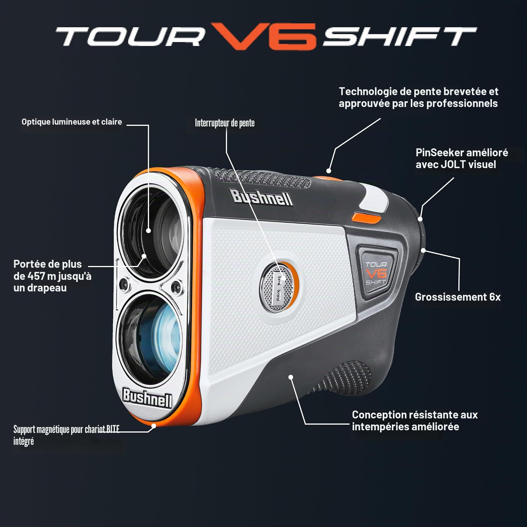 Bushnell Golf Télémètre Laser Tour V6 Shift avec Compensation de Pente, portée de 1 300 m, Vibration de Verrouillage du Drapeau, Support magnétique de Chariot, grossissement 6X, étanche - légal pour