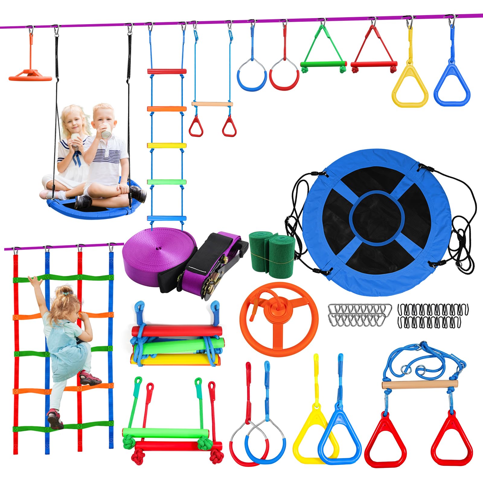 52ft Ninja Warrior Obstacle Course for Kids 11 Accessories Slackline Set