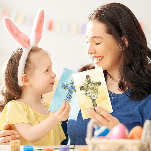 Miniatura 4 de Whaline 24 juegos de tarjetas de felicitación de Pascua, coloridas tarjetas de cruz florales religiosas con sobres y calcomanías, tarjetas