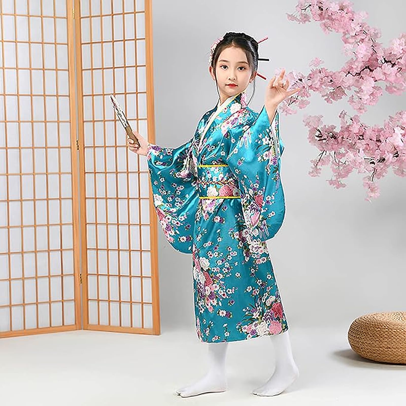 TINAYAUE Kimono Japonais Enfant, Robe de Bain avec Ceinture obi complète pour Photos, Cosplay, Performance Scolaire et Photos, Couleur variés, Taille 100/100/140cm, modèle à Fleurs de Cerisier