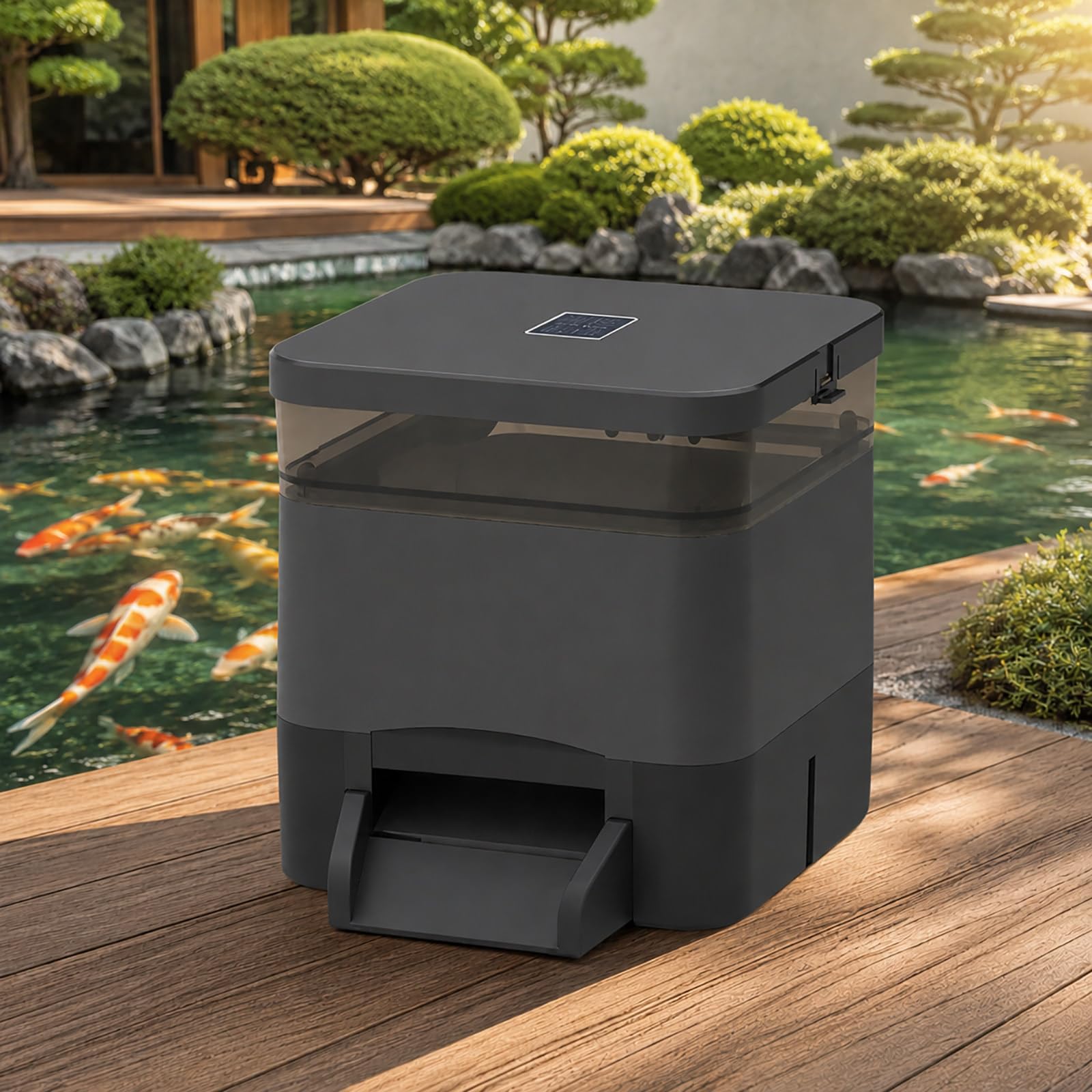Fischfutterautomat für Teich 4 L - Solar Futterspender für Pellets und Futtersticks Black