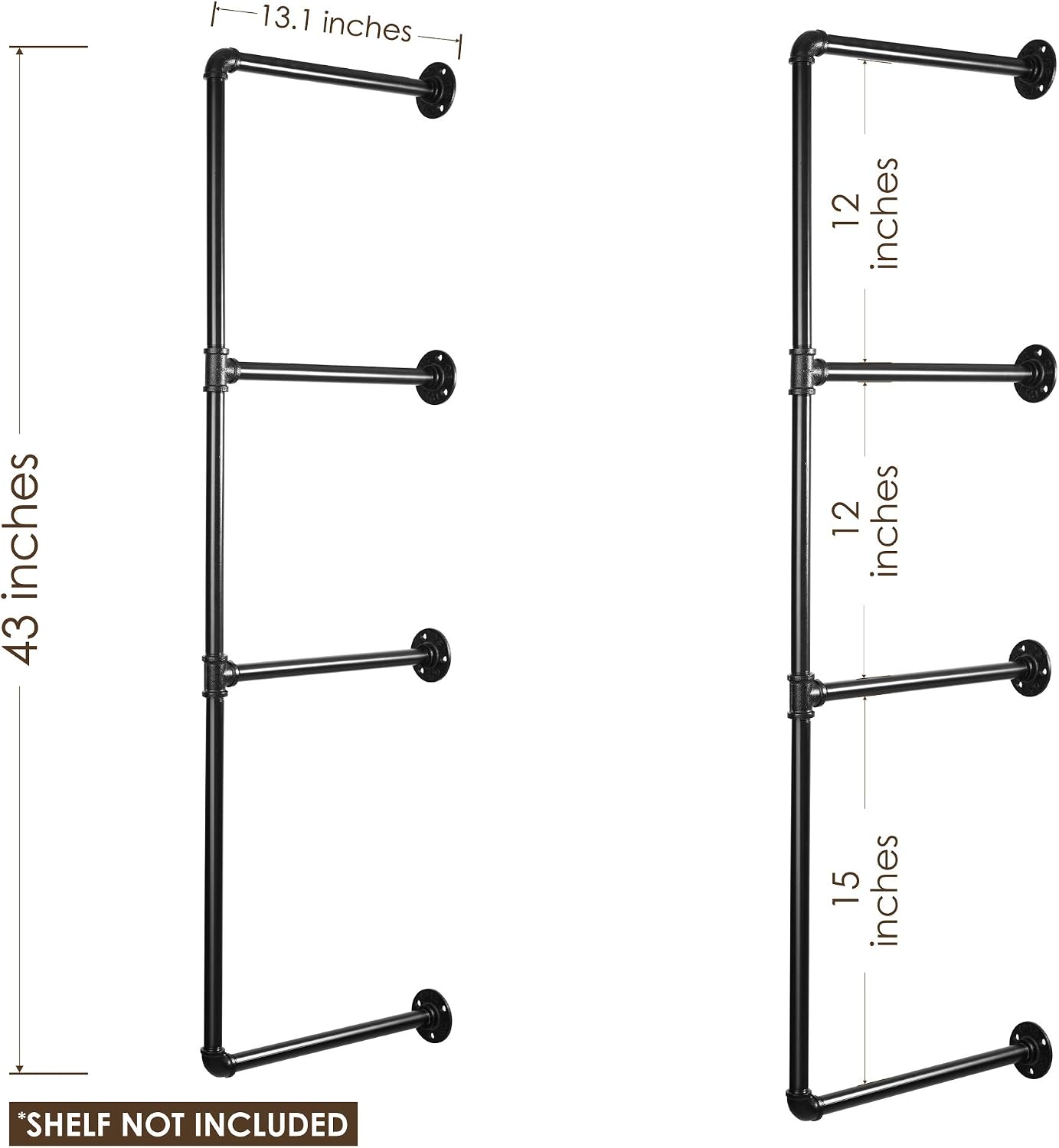 Pipe Shelves – 2 PCS (43” Tall) Industrial Pipe Shelving – Pipe Shelf Bracket for Wood Floating Shelf Vintage Look - Rustic Pipe Decor with All Accessories Needed (Shelf Not Included) (4 Tier 43")