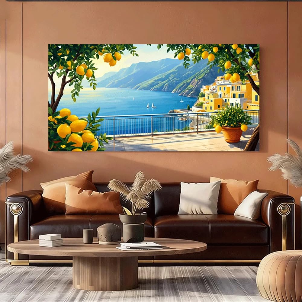 GKUVBF Affiche sur toile « Terrasse avec citronniers, vue sur la mer Méditerranée, villa côtière, paysage, impression d'art, décoration intérieure » (80 x 160 cm, sans cadre)