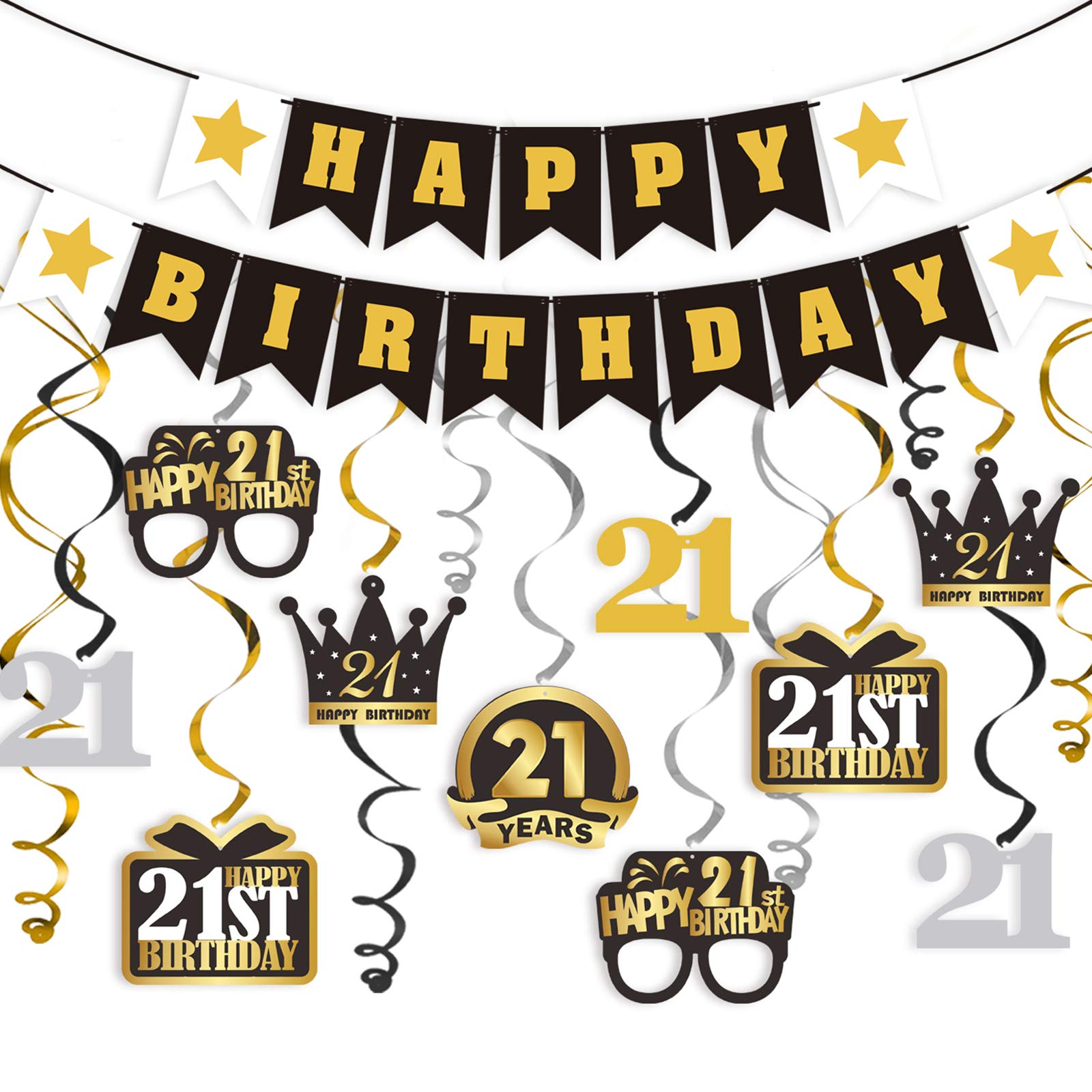 LINGTEER Happy 21st Birthday Decorations Set - 12Pcs Black & Gold Swirls Streamer,Happy Birthday Bunting Banner,Cheers to 21 Years Old Bday Party
