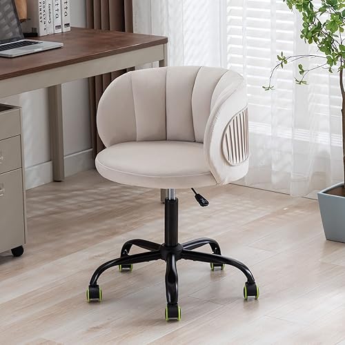 Voohek Silla de escritorio de terciopelo para oficina en casa con ruedas giratoria de ocio para maquillaje de estudio altura ajustable color blanco