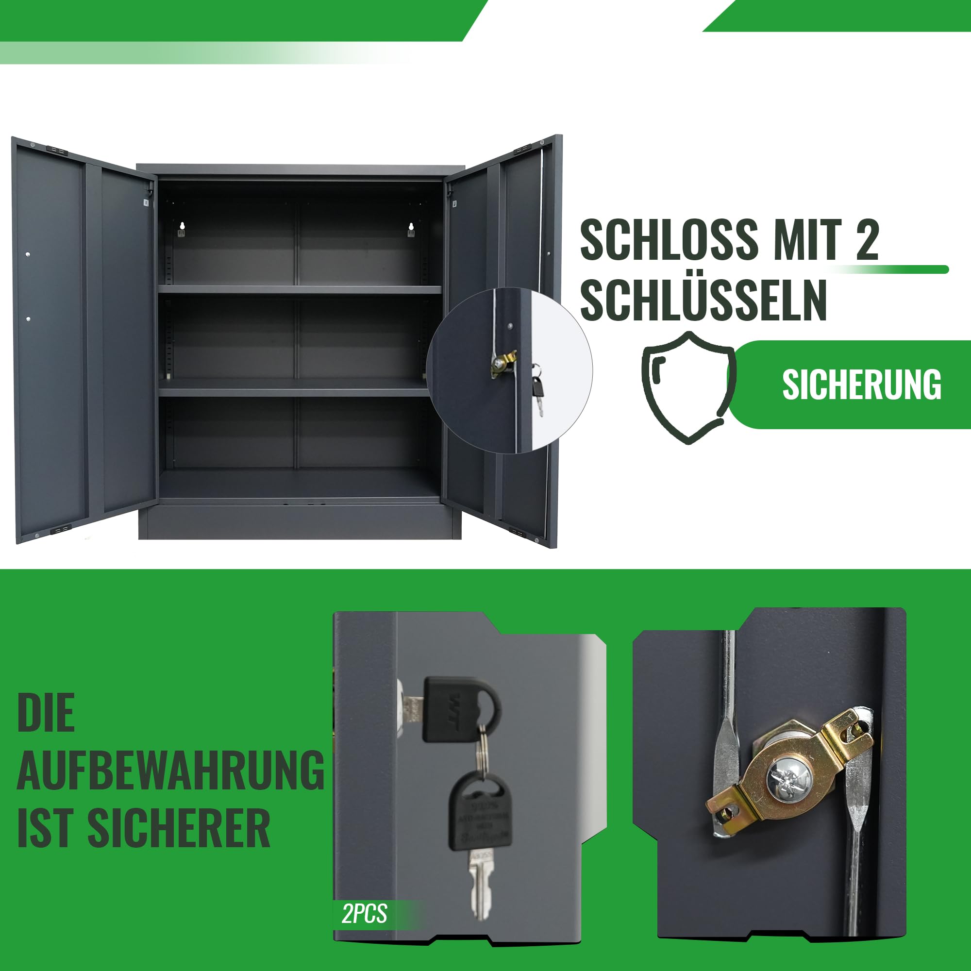 ONDIS24 Aktenschrank, Mehrzweckschrank, Schloss, verstellbare Ablagen, Stabil, belastbar, Doppeltüren mit Türmagnet, Griffen Robust und sicher, werkzeugschrank, Büro, Werkstatt, Garage (Anthrazit, 90)