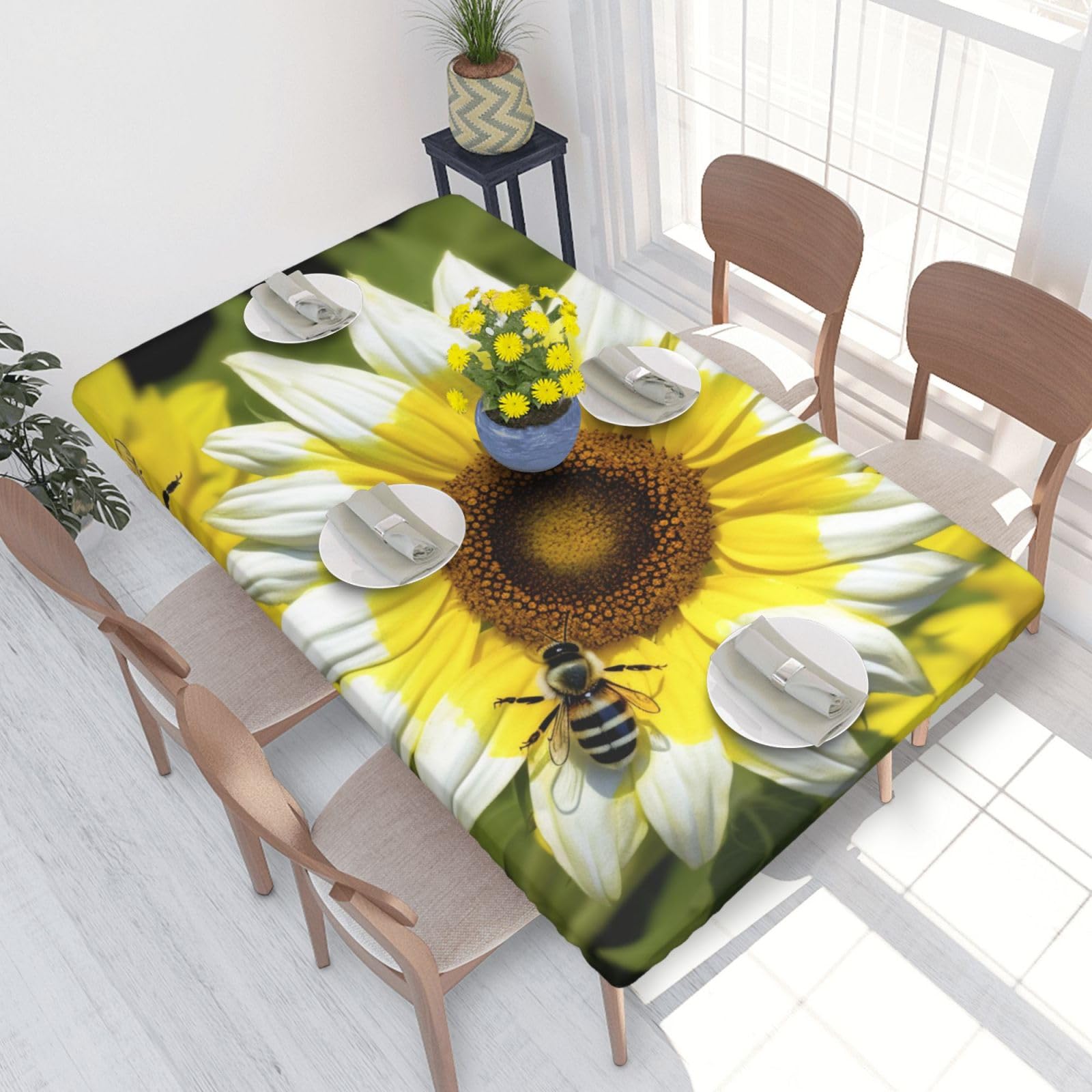 DCARSETCV bee & Sunflowers Printed 4FT Waterproof Tablecloth with Elastic Edged Protect & Decor Your Table, Oil-proof Washable Table Cloth Cover for Dinner Picnic Party