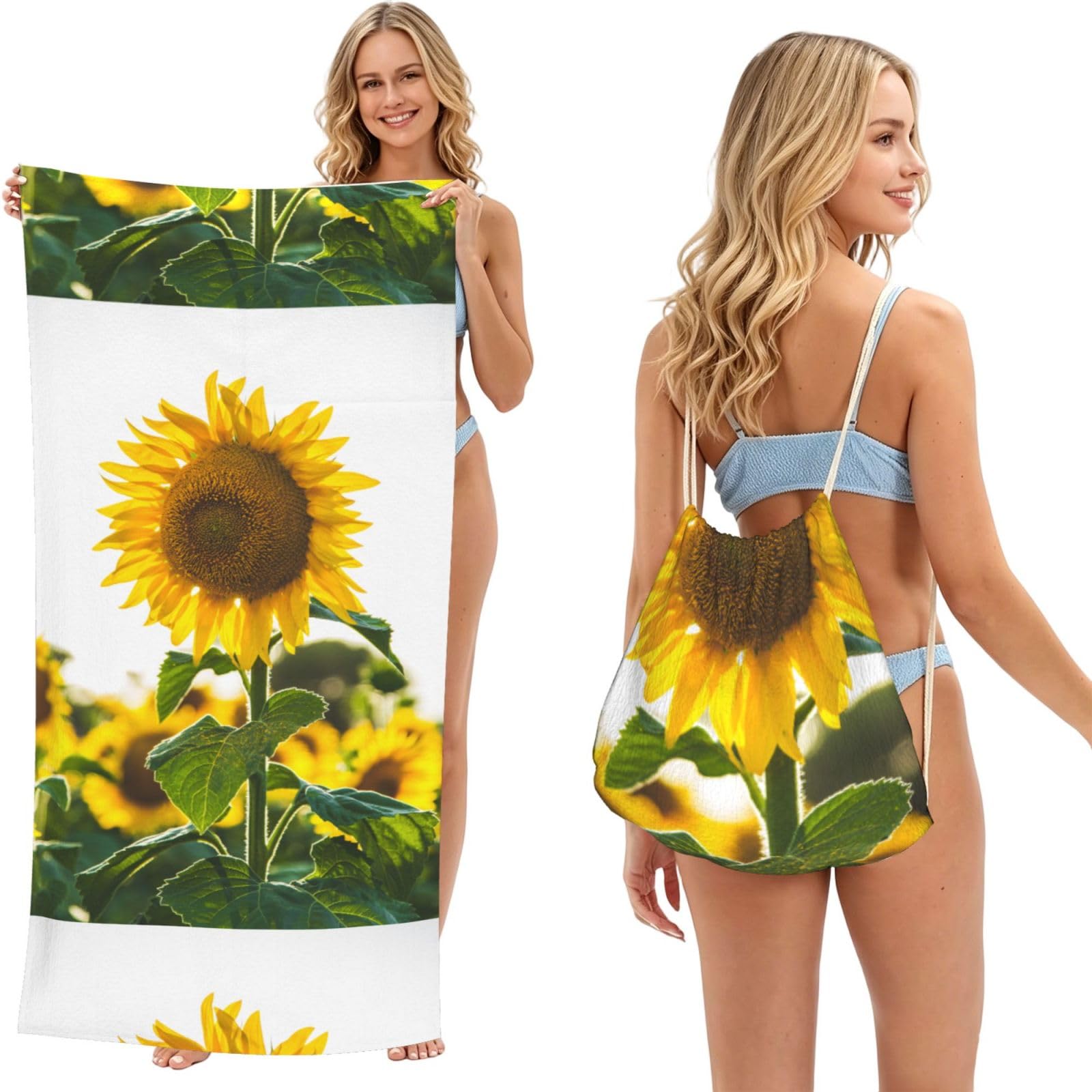 Poadnly As Picture Sunflower, 2 In 1 Packable Towel Bag, Beach Towels With Drawstring Backpack For Travel Holiday Camping