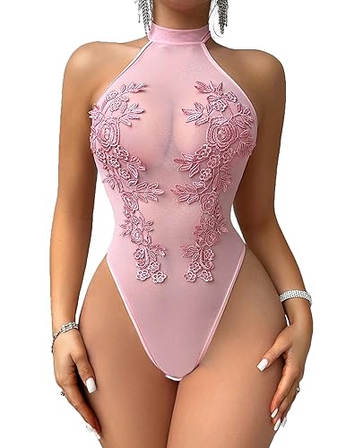Girece Women Teddy Lingerie Sexy Mesh Bodysuit Halter Snap Crotch Body Suits Sheer Emboroidered One Piece Babydoll - C-pink - XX-Large