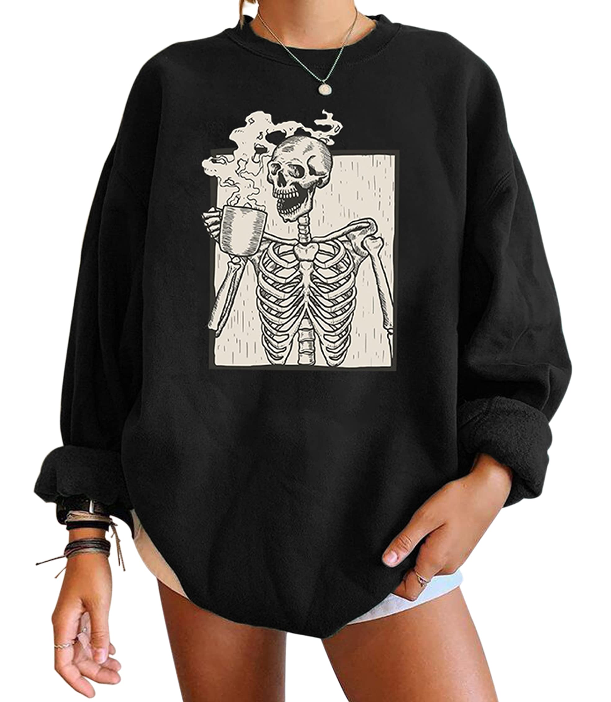 Meladyan Halloween Skull Graphic Print Fleece Oversized Sweatshirt Crewneck Long Sleeve Drop Shoulder Pullover