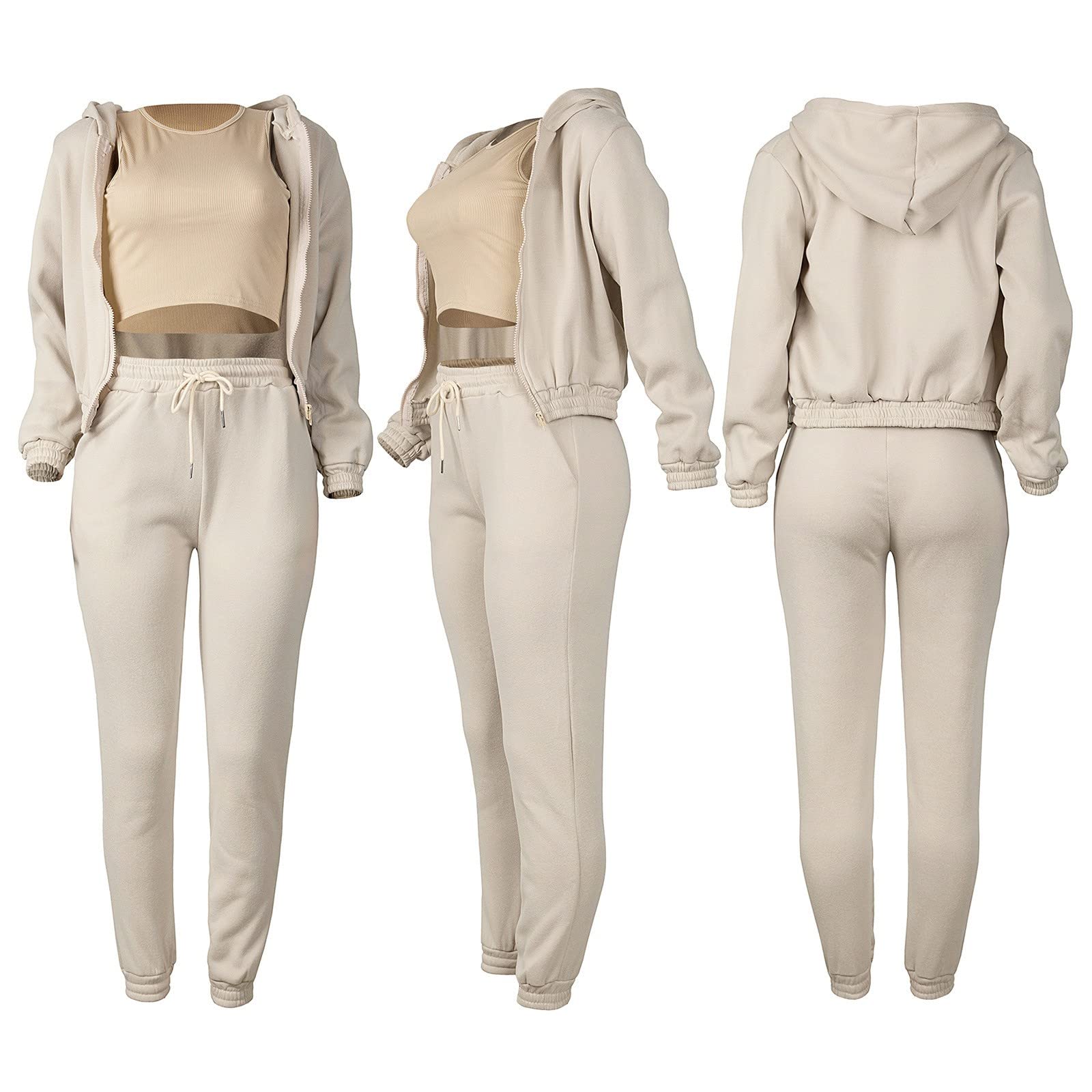 Generisch Damski dres treningowy na zimę, top, kamizelka, spodnie, zestaw modny, jednokolorowy, zamek błyskawiczny, bluza z kapturem, spodnie, zestaw trójczęściowy