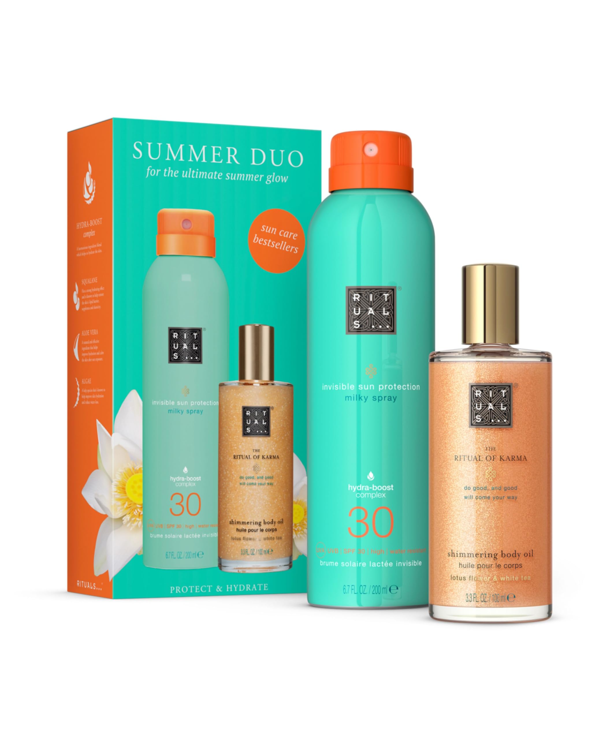 Rituals The Ritual of Karma Summer Duo – Spray de crema solar SPF 30 y aceite corporal brillante – Set de regalo con aroma de loto y té blanco