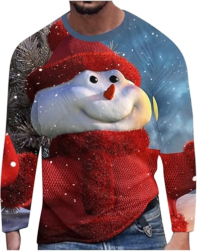 Camisetas divertidas de Navidad para hombre, grandes y altas, manga larga, cuello redondo, suéter de Navidad, divertido estampado de Papá Noel,