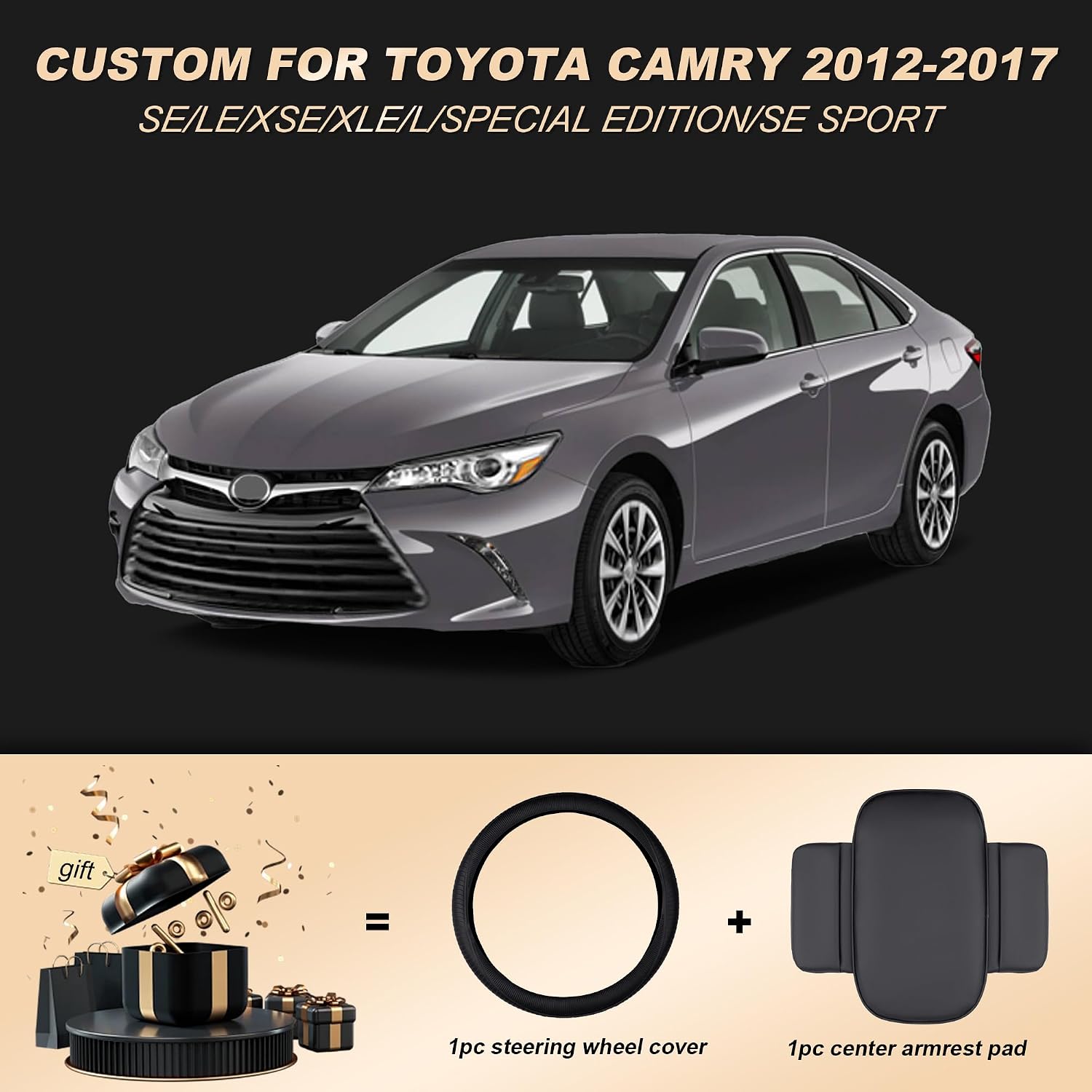DISUTOGO Seat Covers Custom for Toyota Camry 2012-2017 SE,LE,XLE,L,XSE, Waterproof Leather Front&Rear Car Seat Protector,Easy to Clean&Compatible Airbags (5 Seats,Black&Grey)