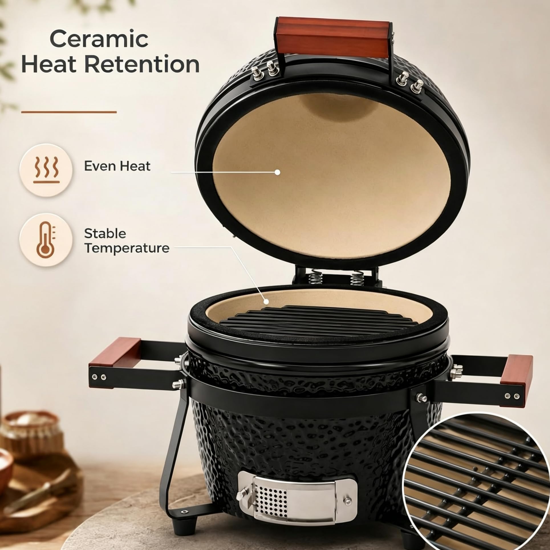 Barbacoa de carbón vegetal de 13 pulgadas Kamado Grill de cerámica para terraza, jardín, camping y picnic, color negro, para asar, ahumar y cocinar