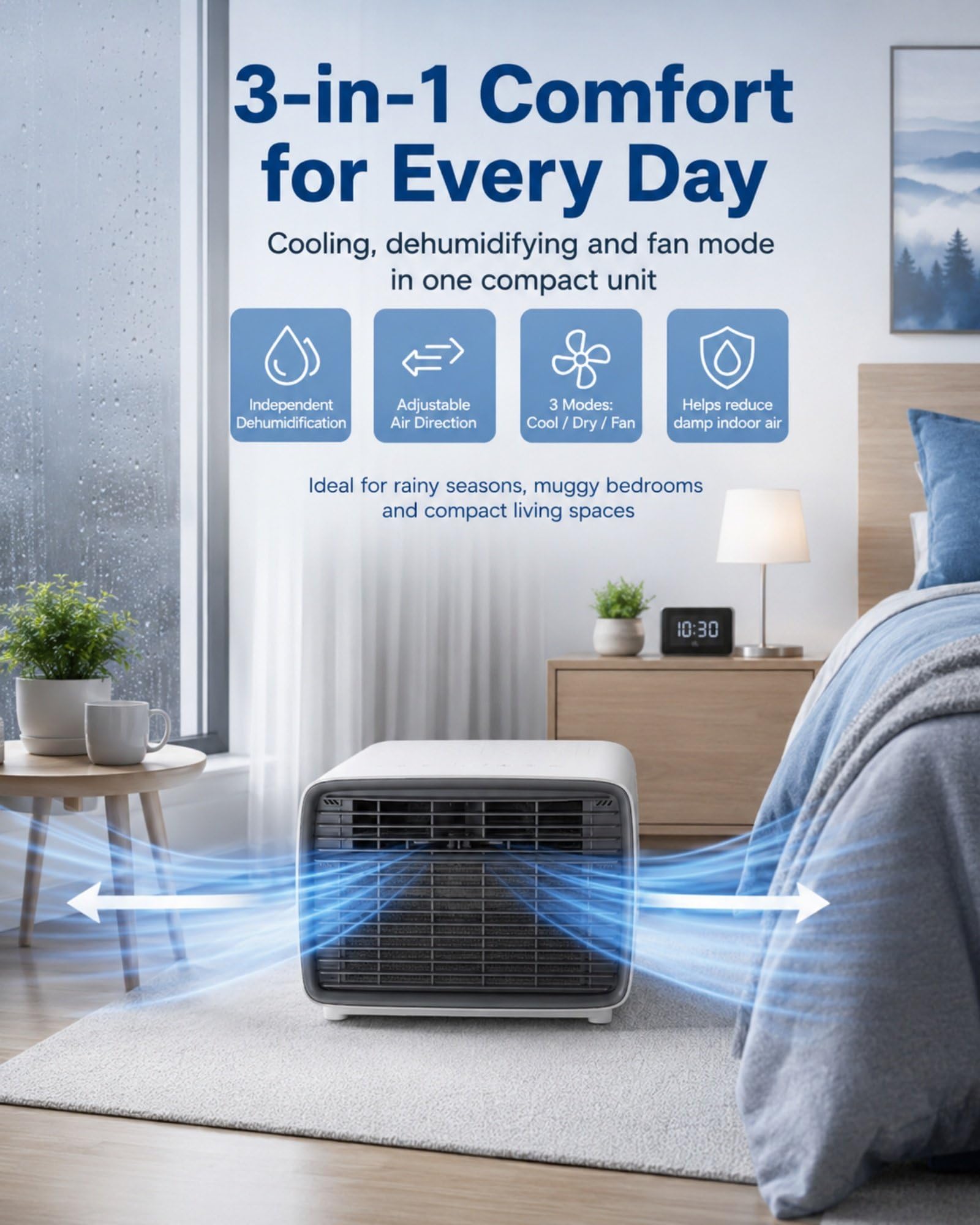 Mobile Klimaanlage für Schlafzimmer und Büro, 900W Kühlleistung, 280W Eingangsleistung, 45 dB Leise, 1-12H Timer, Digitalanzeige, Fernbedienung, Kühlen Trocknen Lüften