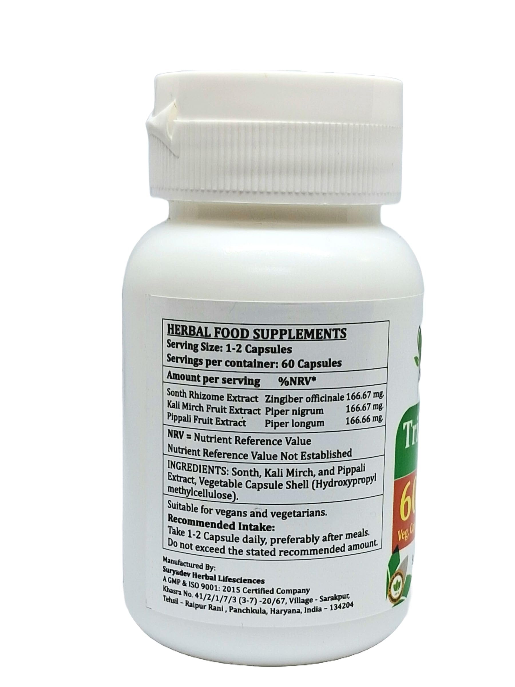 Trikatu (Pippali (Piper Longum), Kali Mirch (Piper Nigrum), Sonth (Zingiber Officinale) Extract Capsules | Highest Potency, 100 % Herbal Product | Pack of 60 X 500 mg. Veg. Capsules (Pack of 1 Bottle) — Amazon image 2