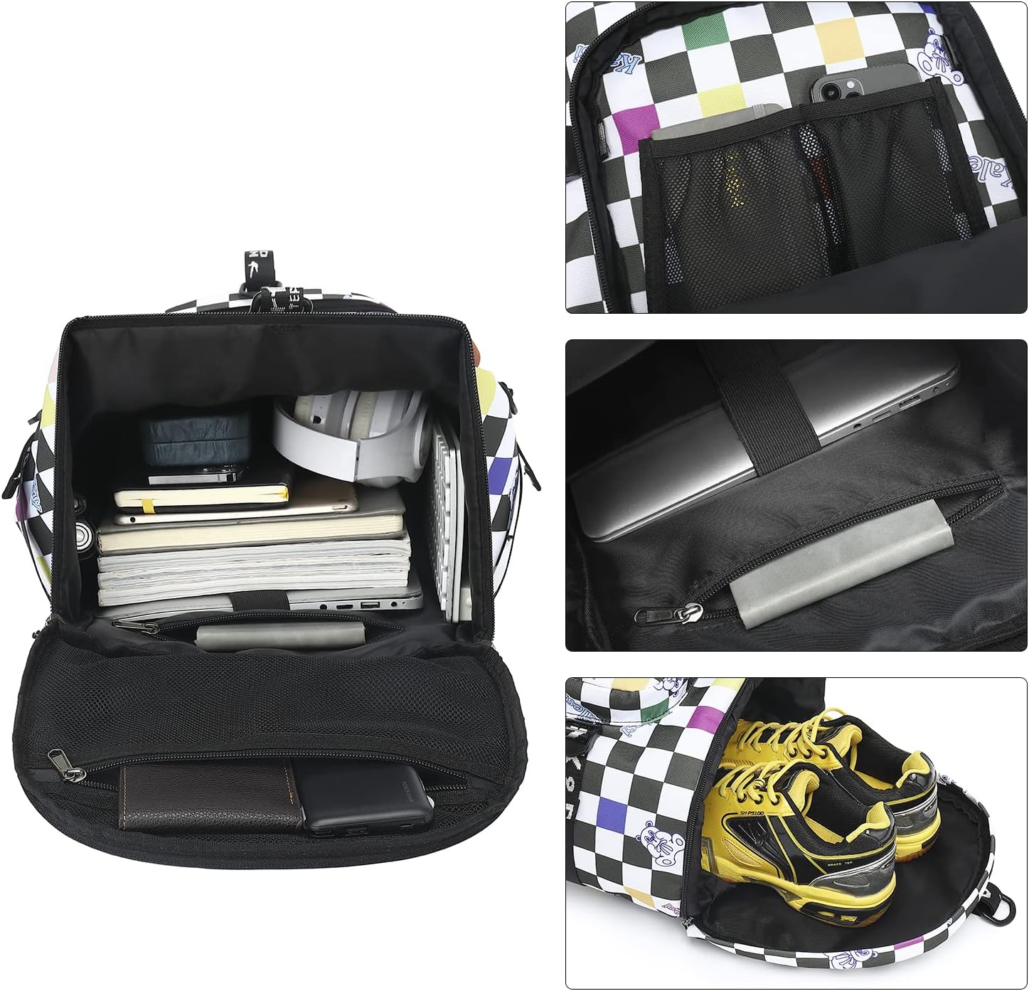 Kalesi Gym Duffle Bag Backpack 4-Way Waterproof with Shoes Compartment for travel Sport Hiking laptop (Checkerboard) - Image 4