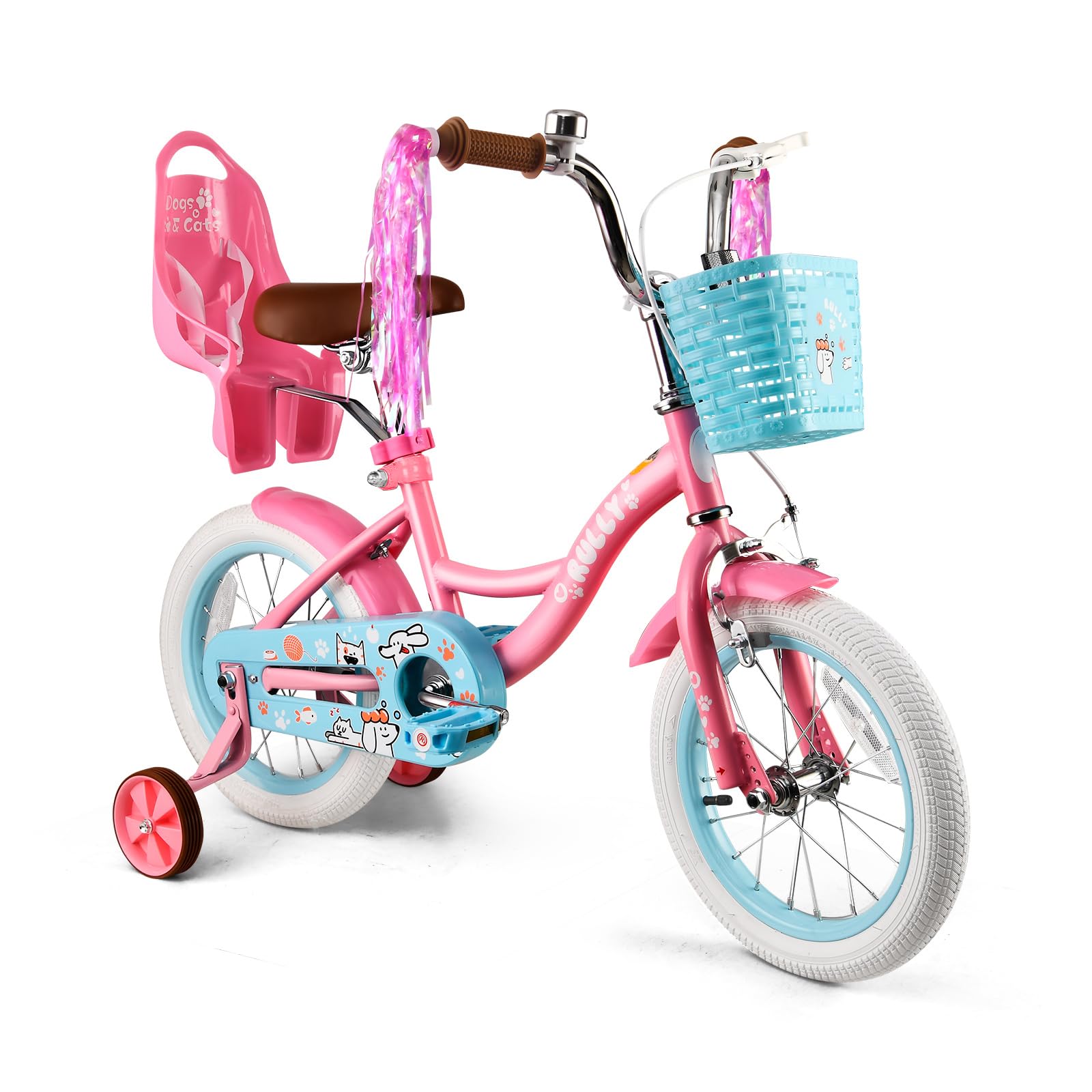 RULLY Vélo Fille 12–16 Pouces avec roulettes stabilisatrices, Panier et siège poupée – Vélo Enfant Multicolore pour 2–6 Ans