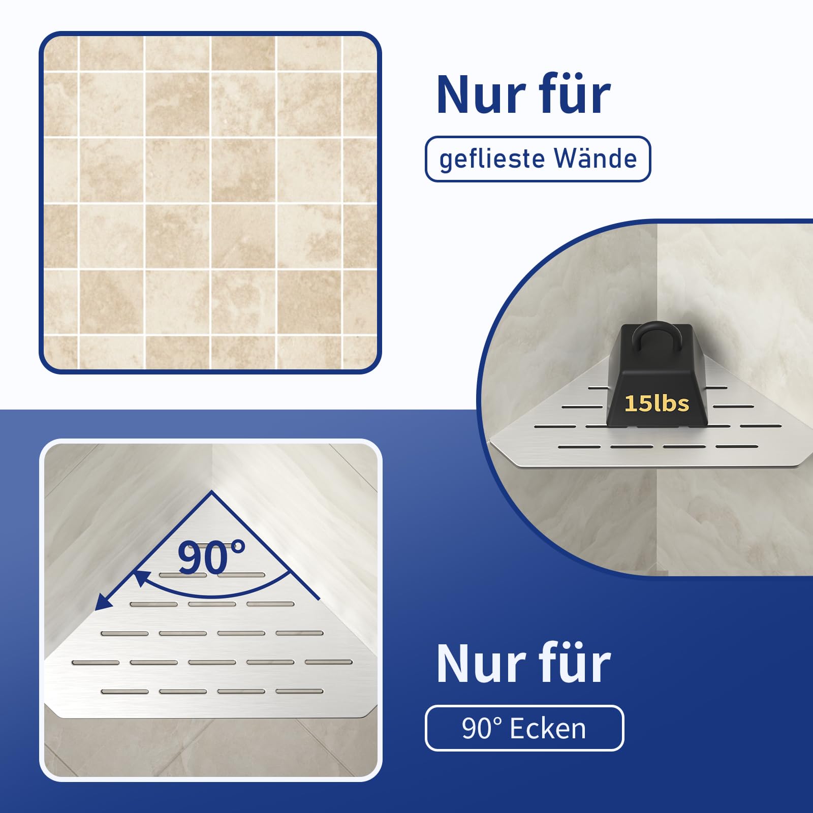 Duschablage Ecke Edelstahl,Heavy Duty Eckregal für Geflieste Wände | 3 mm Stärke, vertieftes Badezimmer-Regal, pentagonales Duschregal Ecke für die Dusche, gebürstete Ablage Dusche, 1 Stück