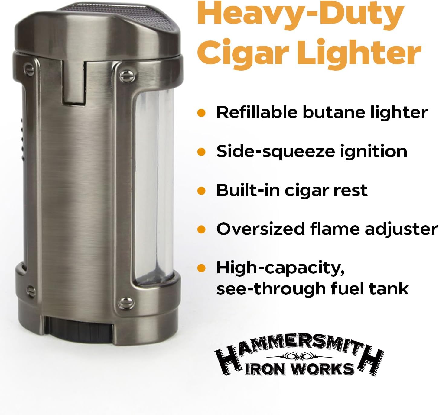 Hammersmith The Tank Quad-Flame Butane Torch Lighter for Cigars and Cigarettes, Refillable Lighters, Mini Torch with High-Capacity, See-Through Fuel Tank (Without Fuel), Flame Adjuster, and Cigar Rest
