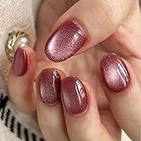 Vista 1 de Uñas postizas cortas ovaladas de acrílico con ojo de gato - Uñas falsas de cobertura completa en rojo vino con diseños, brillantes, para pegar