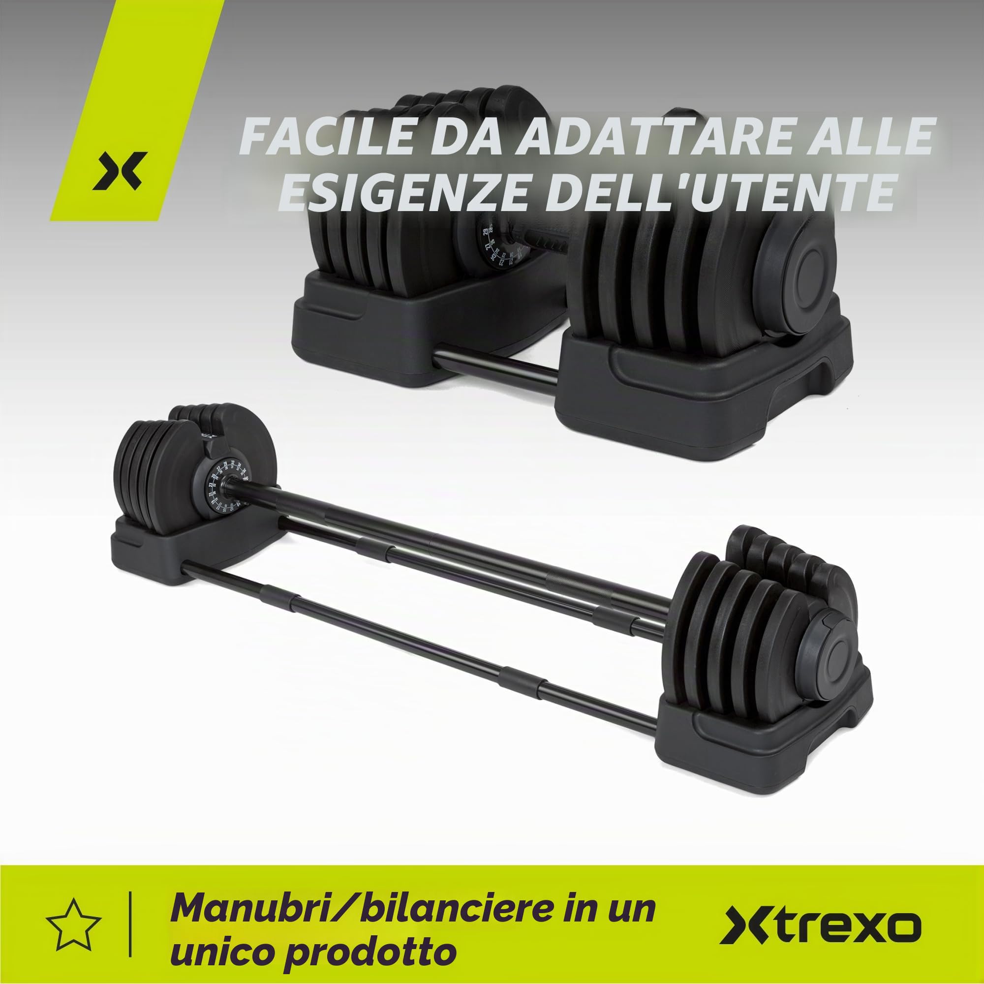 TREXO Set di manubri corti e bilancieri regolabili 2 in 1, da 2 kg a 41 kg, ideale per allenamento di forza, fitness e costruzione muscolare, manubri e bilancieri regolabili, set in ferro con
