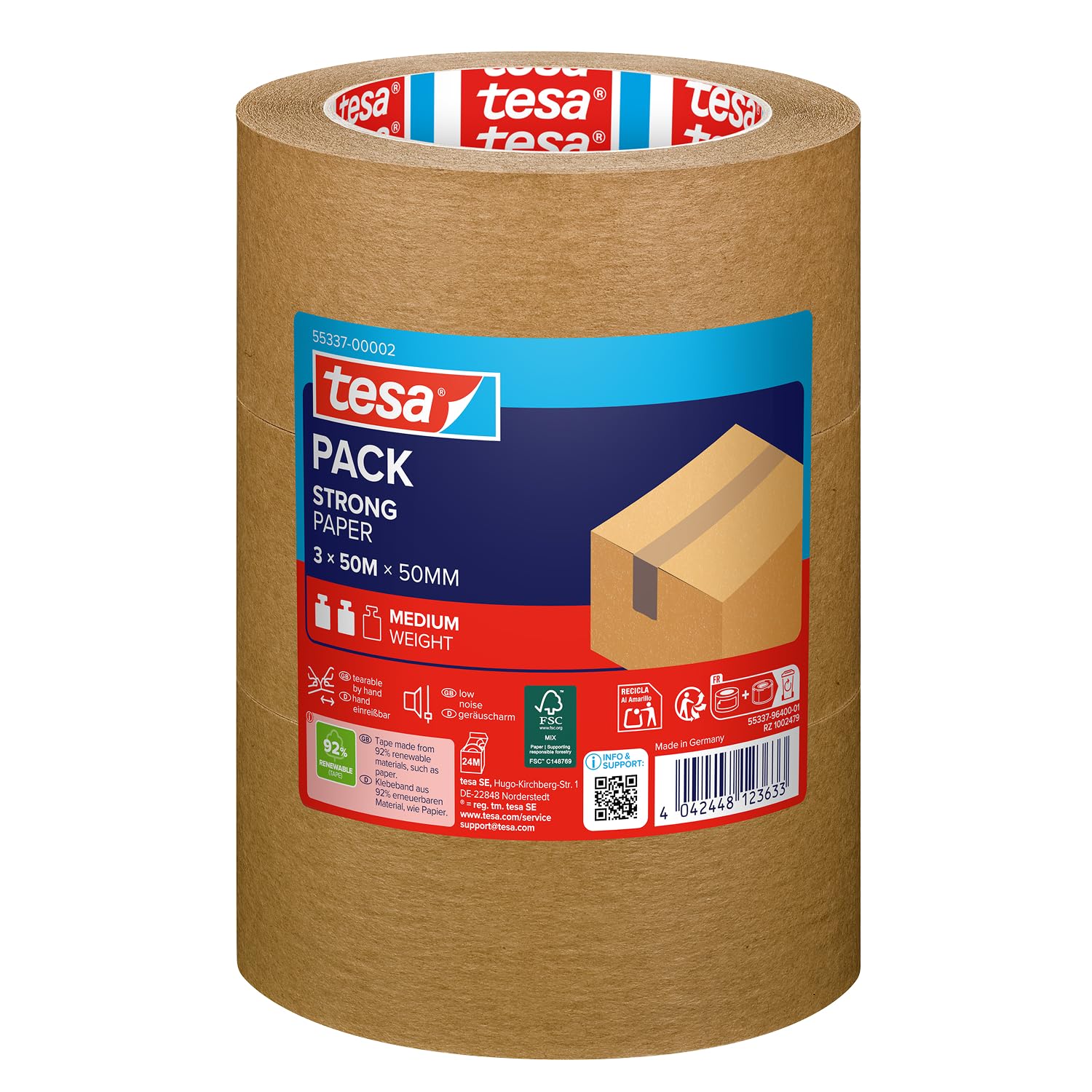 tesa pack STRONG PAPER - Packband aus Papier - 92% erneuerbare Mateialien - handeinreißbar - Verpackungsband für mittelschwerer Pakete - Braun - 3 Rollen je 50 m x 50mm