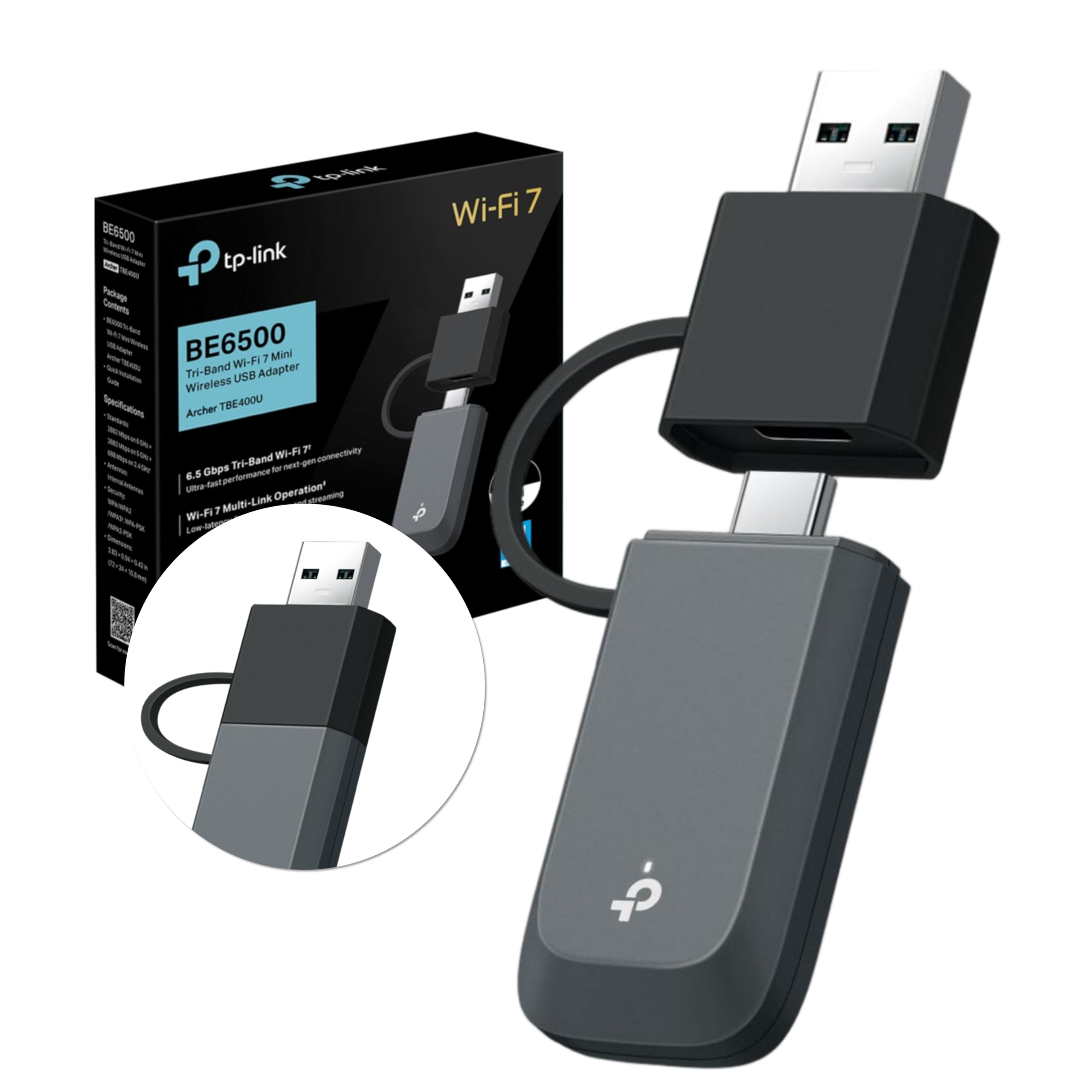 TP-Link Archer TBE400U Wi-Fi 7 WLAN Stick für PC, USB-C/A WLAN Adapter BE6500 Tri-Band, MU-MIMO, WPA3, USB 3.0, nur Kompatibel mit Windows 10/11