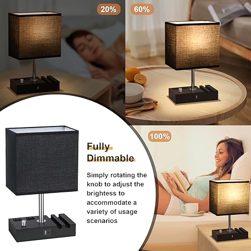Miniatura 3 de Kakanuo Lámpara de mesa para dormitorio con puertos USB duales, lámpara de noche negra totalmente regulable con soportes para teléfono y 2 tomas de