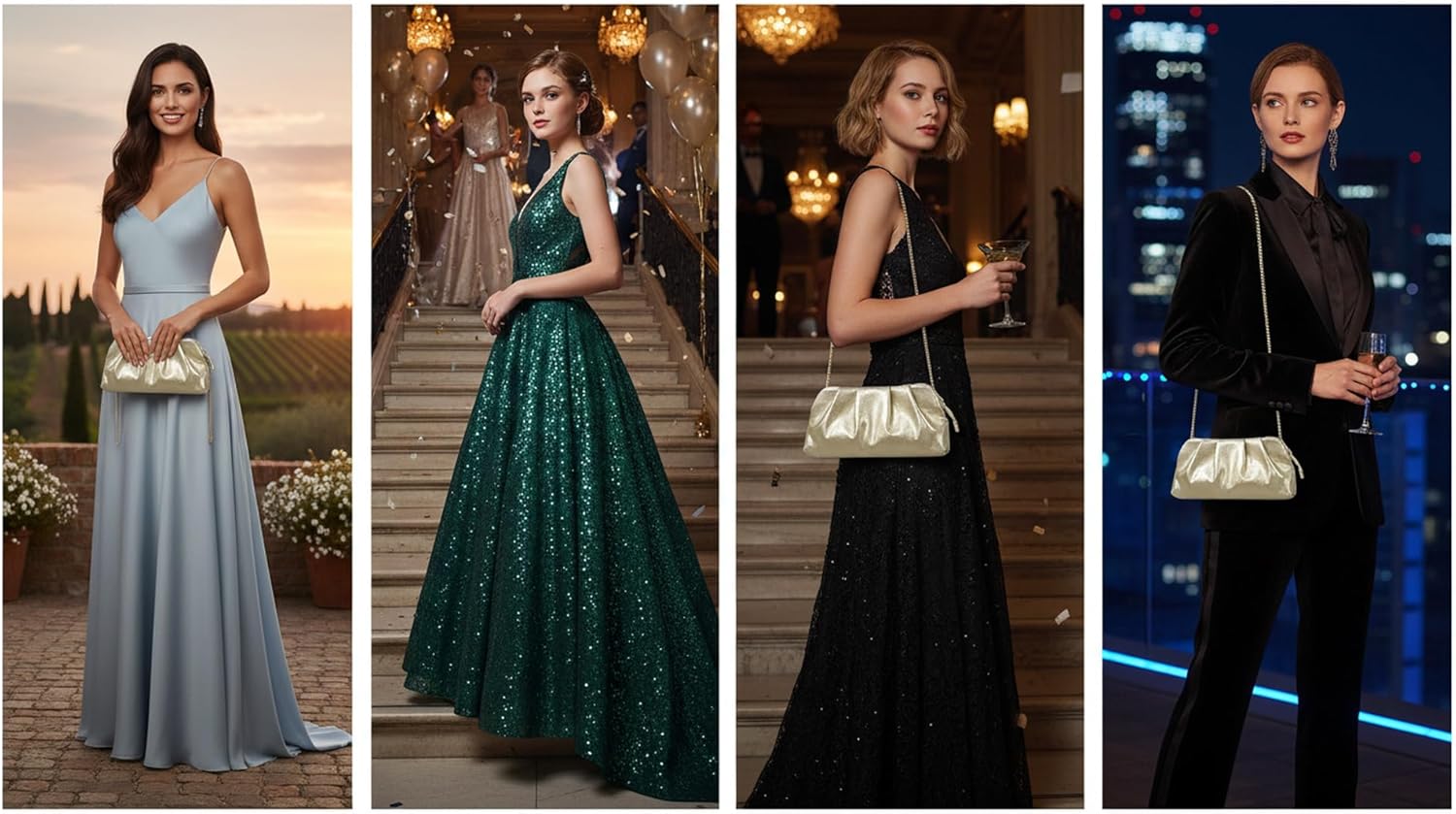IXEBELLA Dressy PU Clutch Purse for Women Formal Soft Pleated Vegan Leather Evening Bag for Wedding/Prom/Cocktail Party