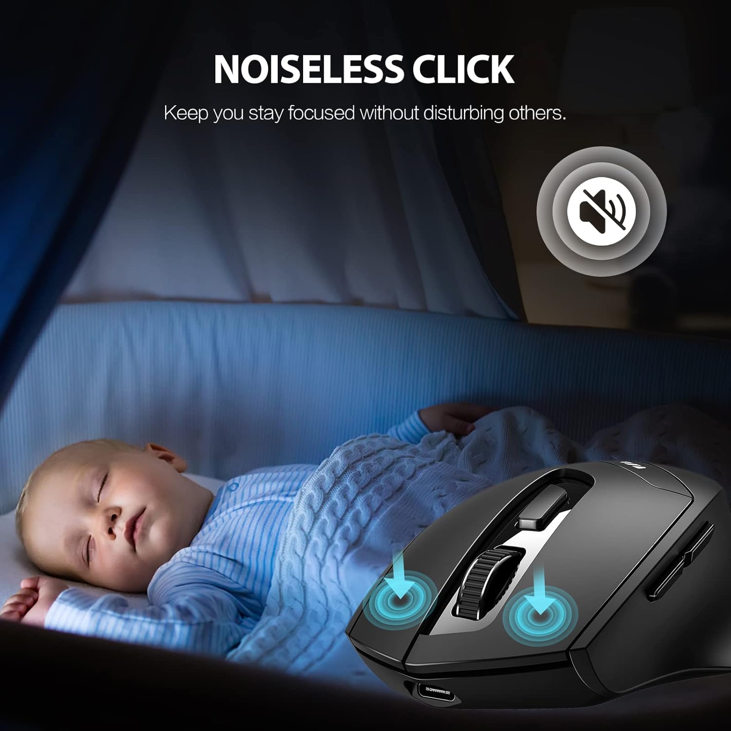 INPHIC DR01 mouse next to a sleeping baby, illustrating its noiseless click feature